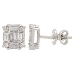 Pendientes de diamantes redondos y baguette SI/HI reales de 0,58 quilates y oro blanco de 18 quilates