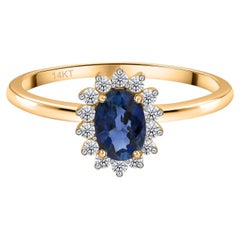 Real 0.60 Carat Blue Sapphire 0.14 Carat SI/H Diamond Ring 14 Karat Yellow Gold