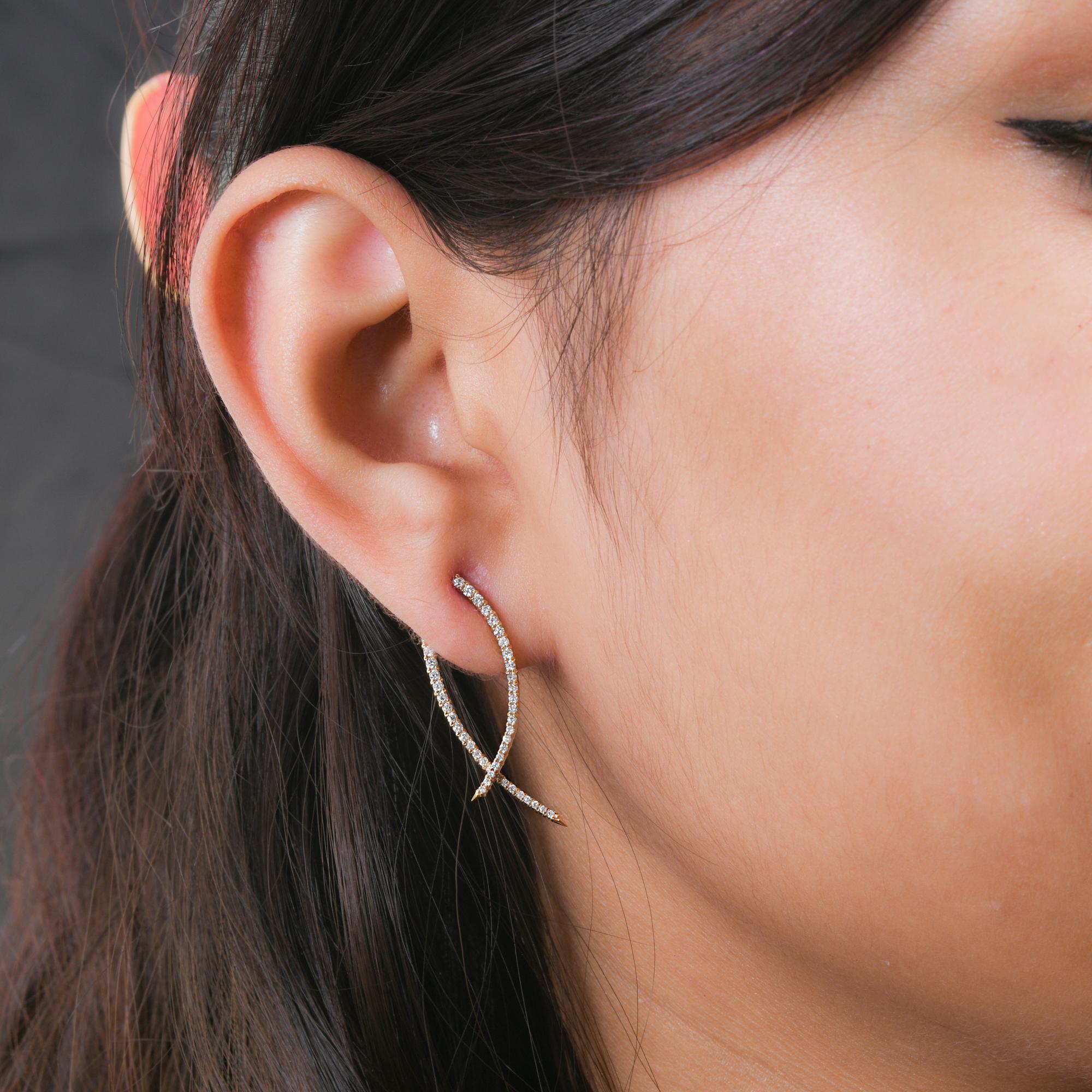 Modern Real 0.60 Carat Pave Diamond Curve Jacket Earrings 18 Karat Yellow Gold Jewelry For Sale