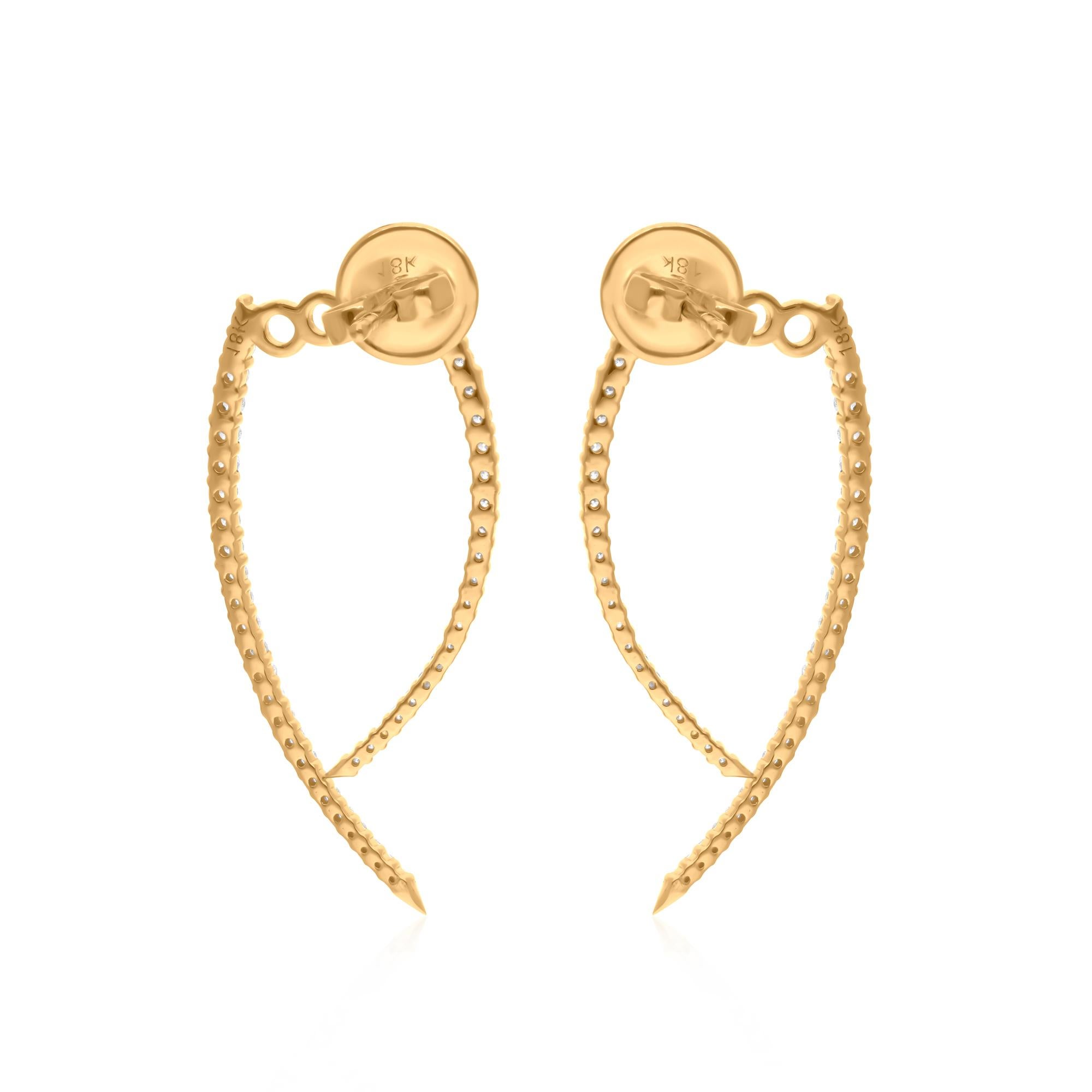 Round Cut Real 0.60 Carat Pave Diamond Curve Jacket Earrings 18 Karat Yellow Gold Jewelry For Sale