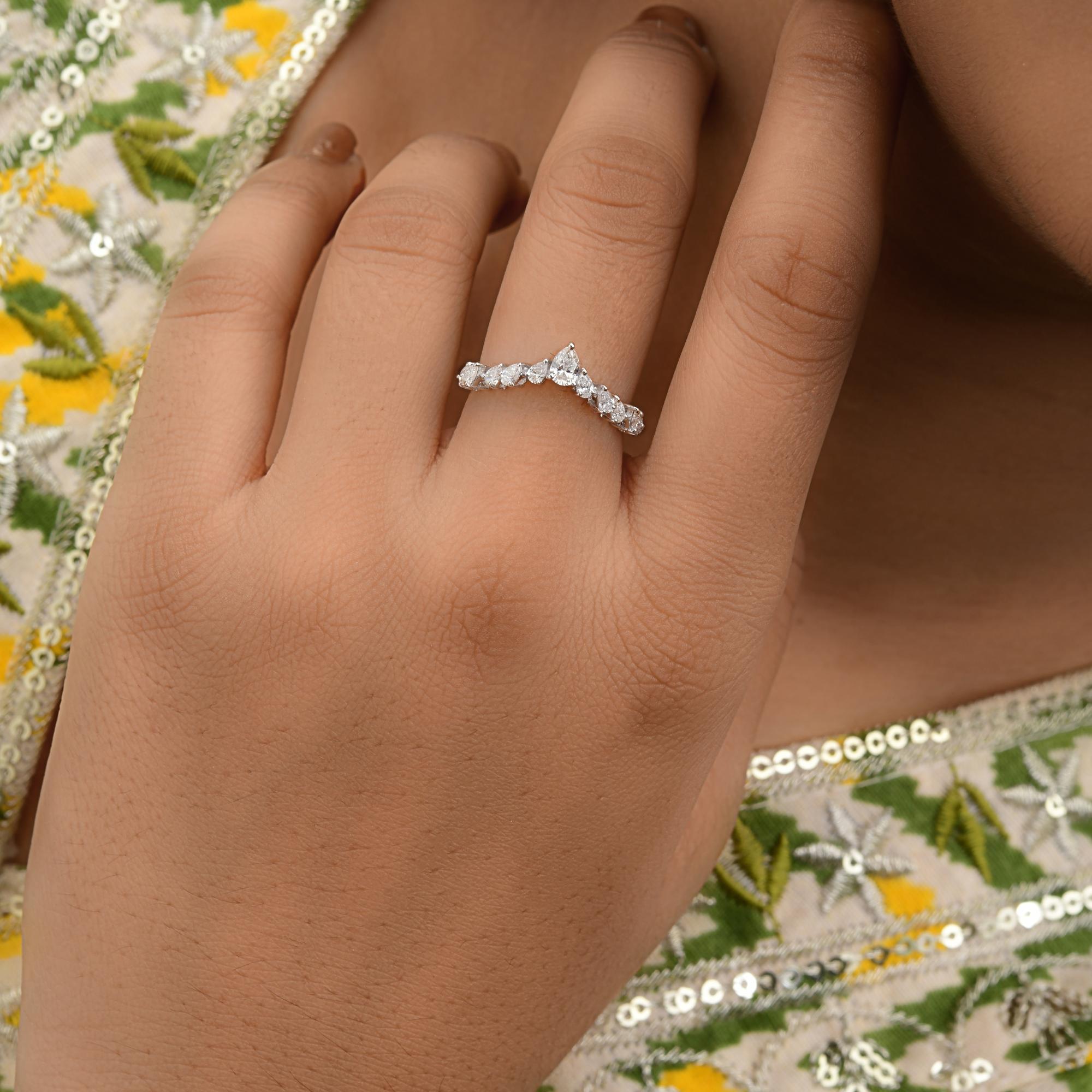 Pear Cut Real 0.61 Carat SI/H Pear Brilliant Cut Diamond Chevron Ring 18 Karat White Gold For Sale