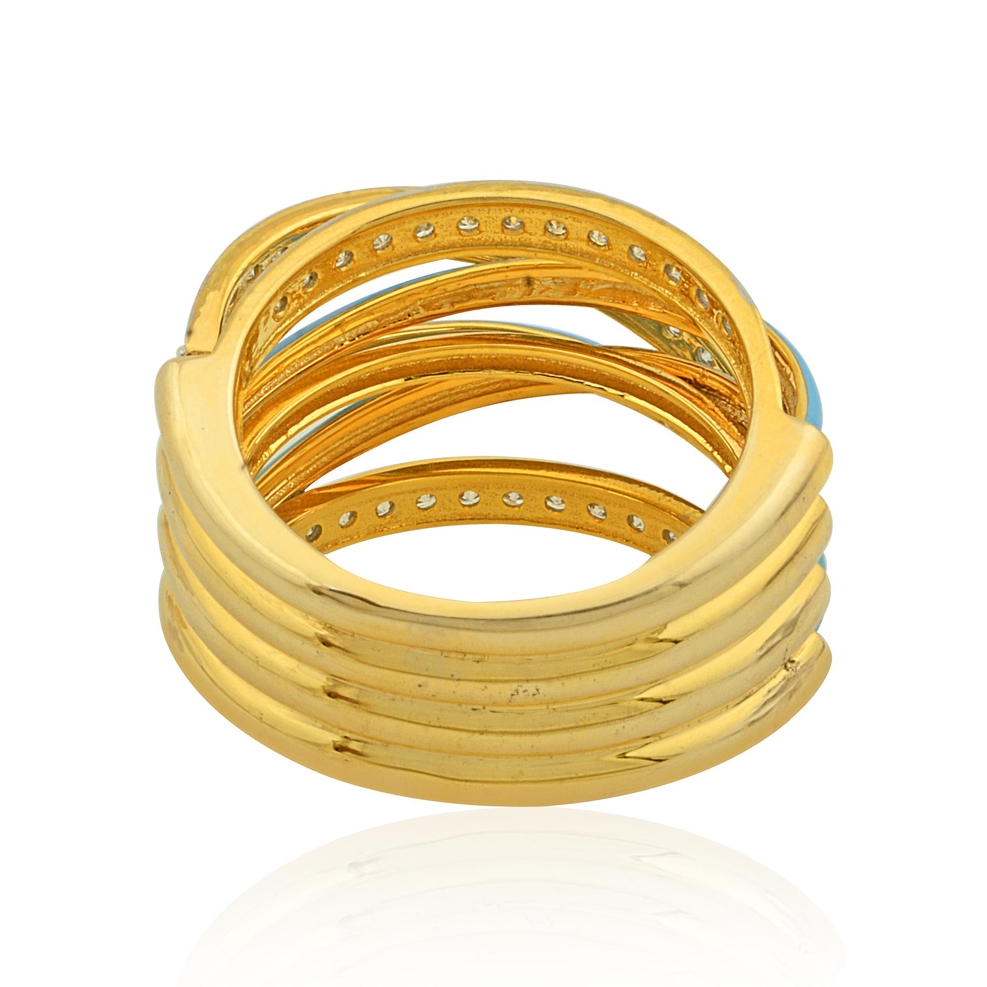 Real 0,70 Karat Diamant Türkis Farbe Emaille Multi Band Ring 14k Gelbgold (Moderne) im Angebot