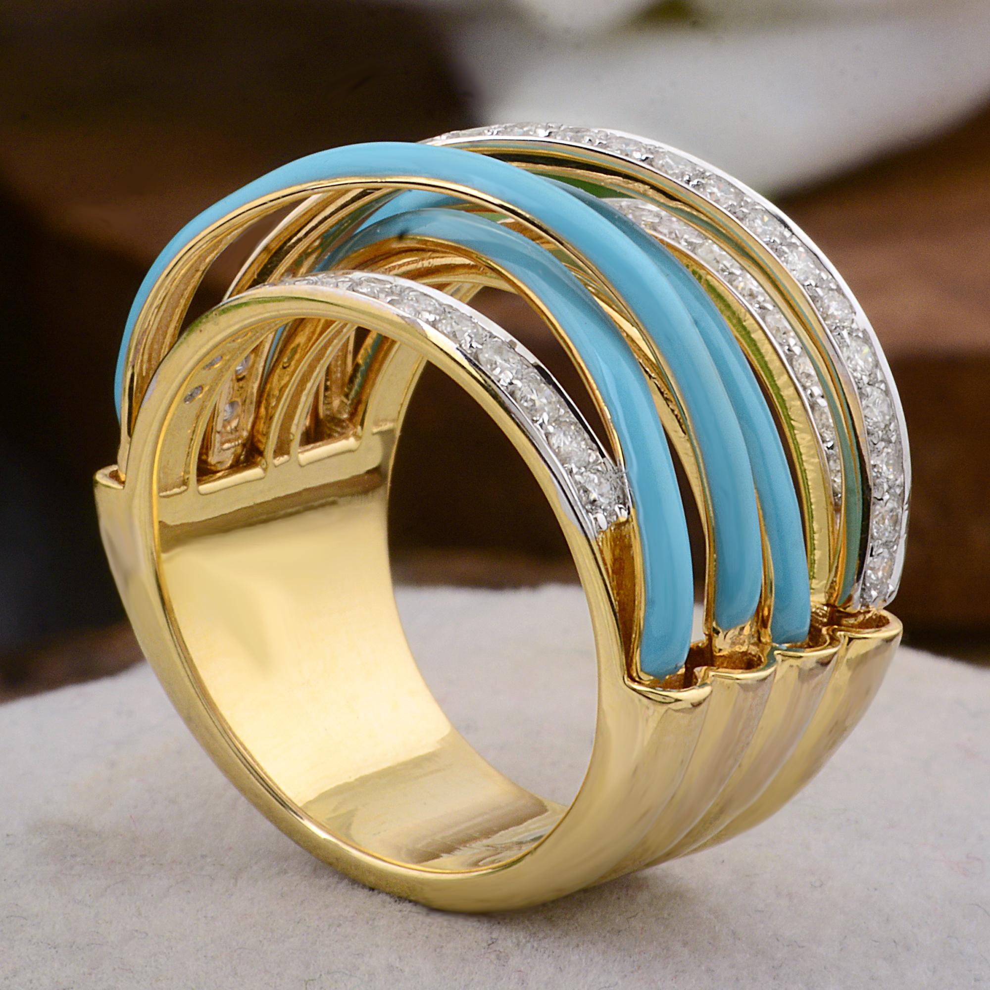 Taille ronde Bague à plusieurs anneaux en or jaune 14 carats avec diamants et émail de couleur turquoise de 0,70 carat en vente