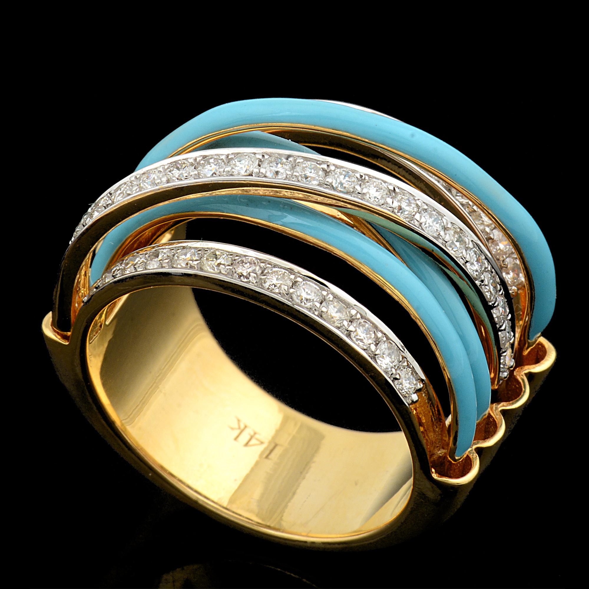 Women's Real 0.70 Carat Diamond Turquoise Color Enamel Multi Band Ring 14k Yellow Gold For Sale