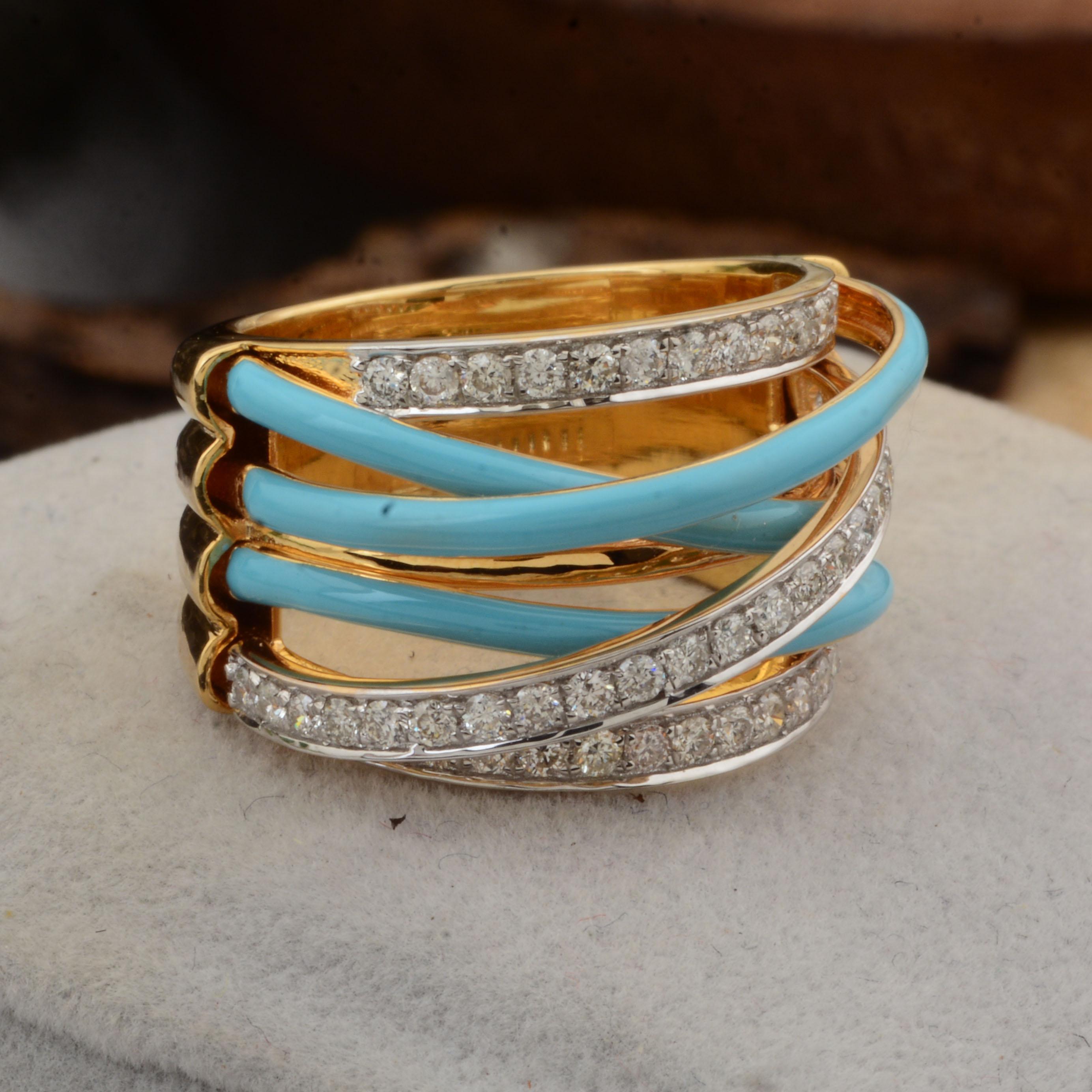 Bague à plusieurs anneaux en or jaune 14 carats avec diamants et émail de couleur turquoise de 0,70 carat en vente 1