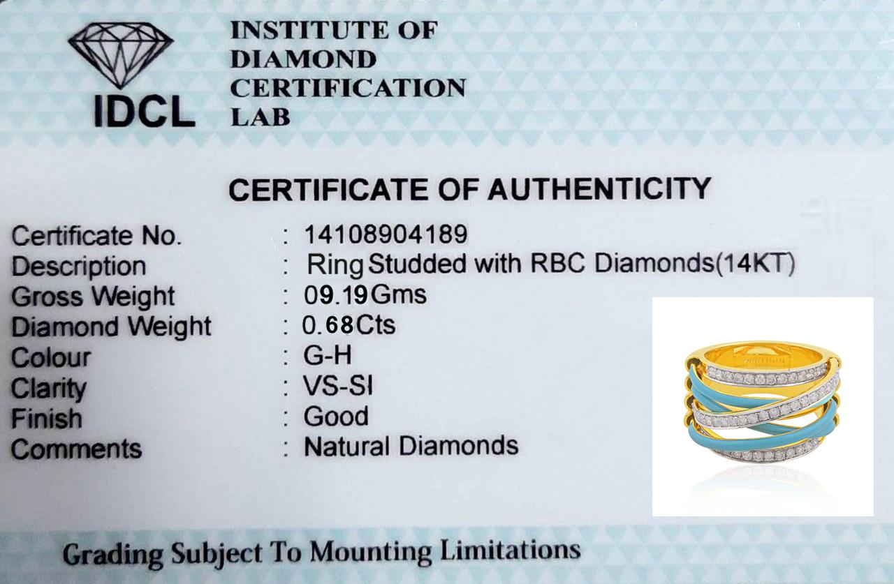 Bague à plusieurs anneaux en or jaune 14 carats avec diamants et émail de couleur turquoise de 0,70 carat en vente 2