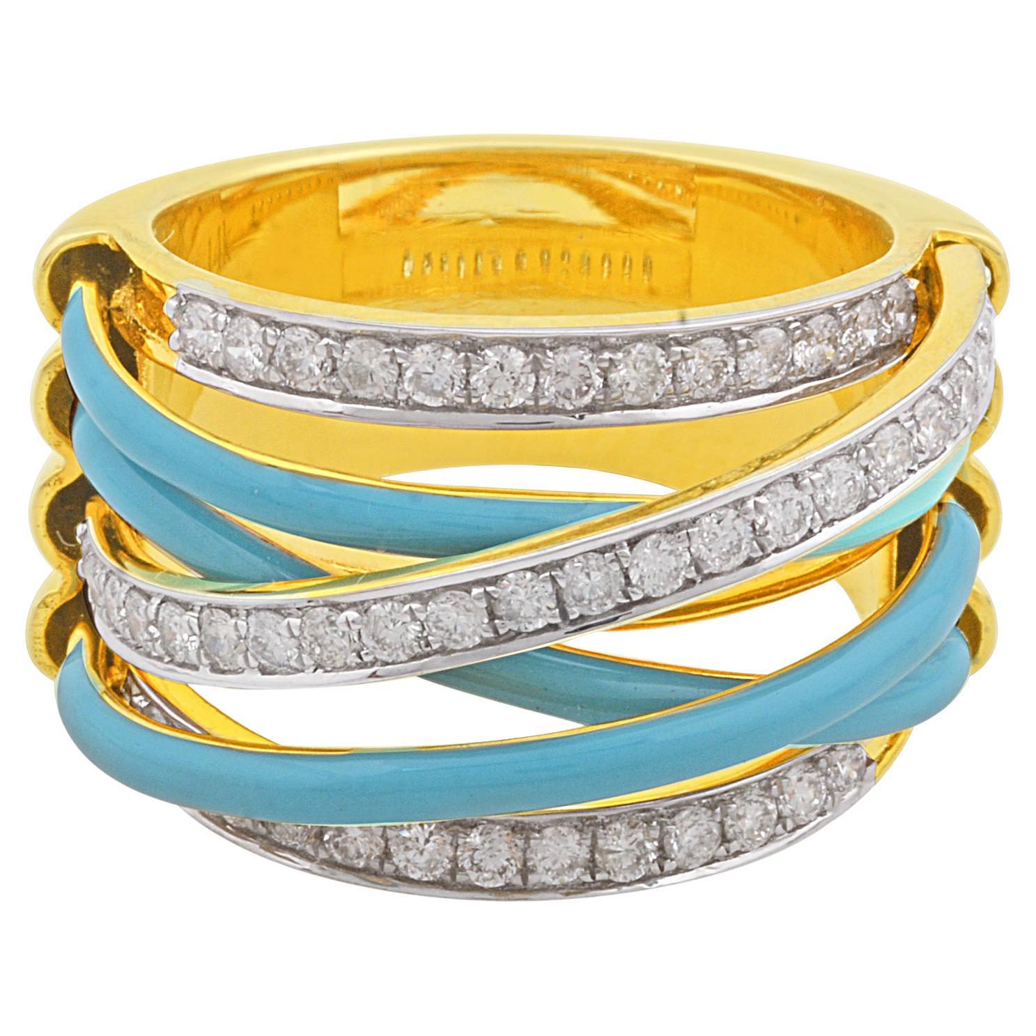 Real 0.70 Carat Diamond Turquoise Color Enamel Multi Band Ring 14k Yellow Gold For Sale