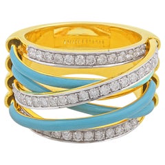 Bague à plusieurs anneaux en or jaune 14 carats avec diamants et émail de couleur turquoise de 0,70 carat