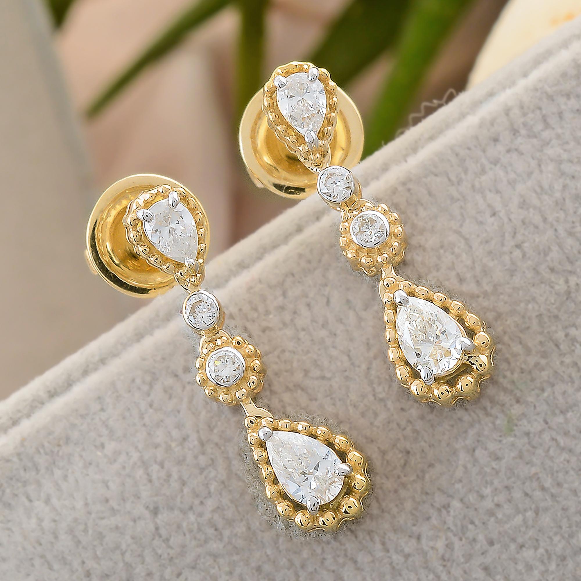 Pear Cut Real 0.71 Carat SI Clarity HI Color Diamond Dangle Earrings 18 Karat Yellow Gold For Sale
