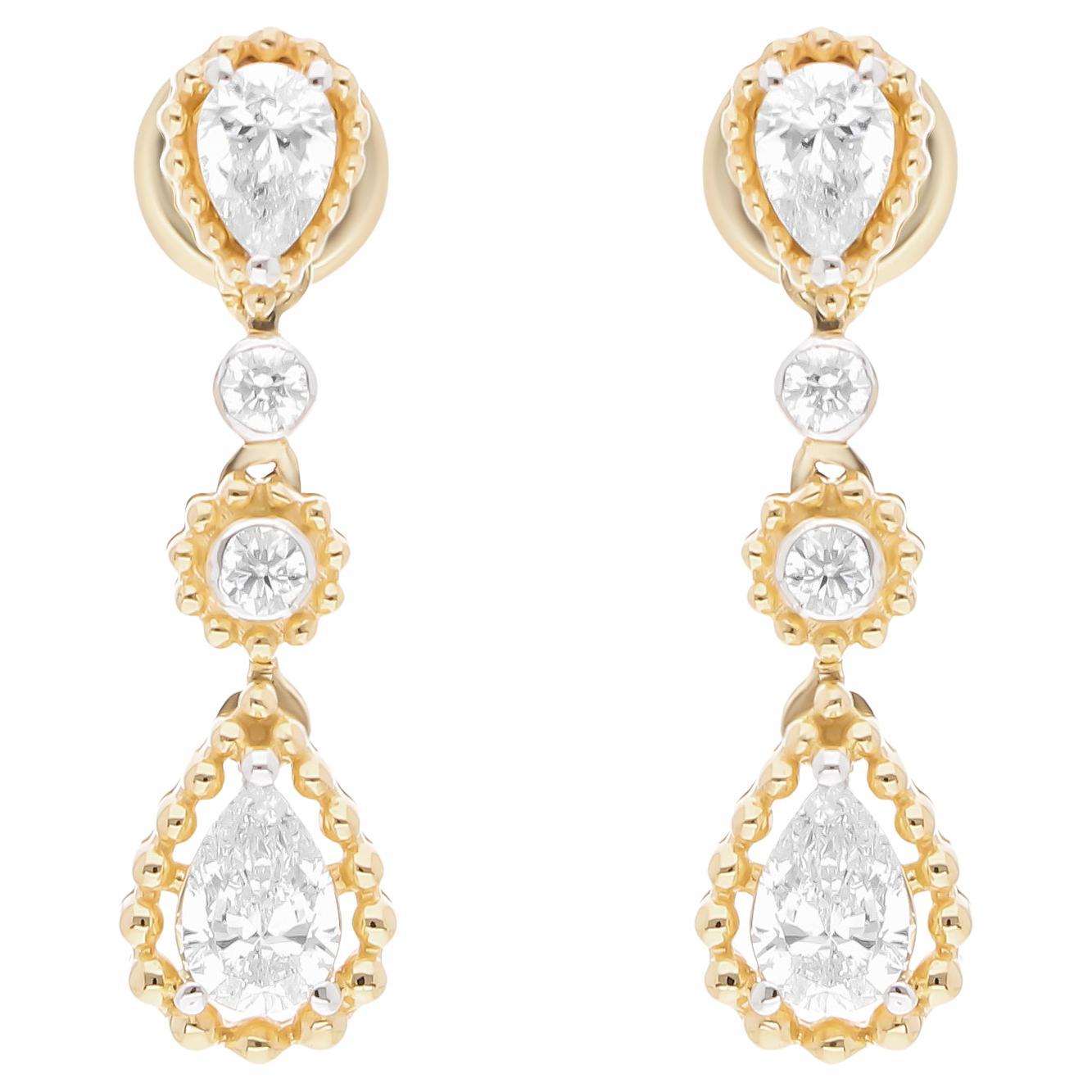 Real 0.71 Carat SI Clarity HI Color Diamond Dangle Earrings 18 Karat Yellow Gold For Sale