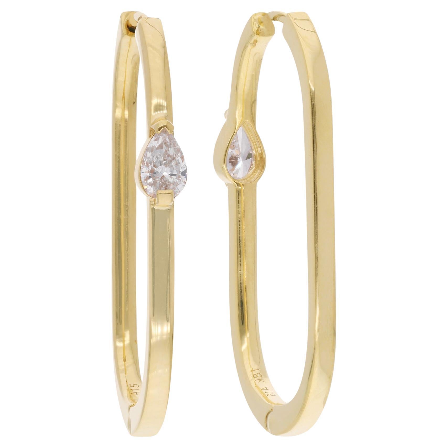 Real 0.71 Carat Solitaire Pear Shape Diamond Hoop Earrings 18 Karat Yellow Gold For Sale