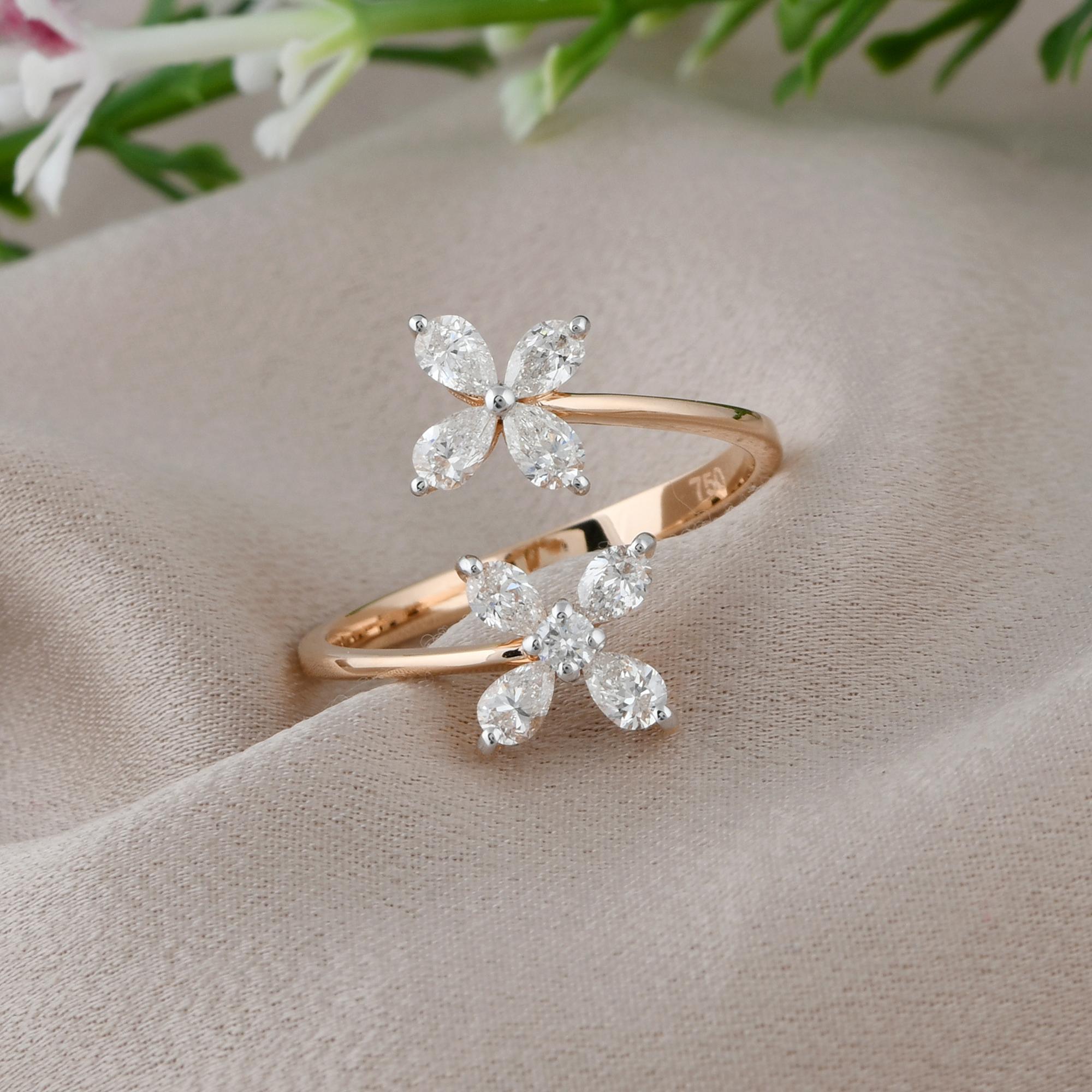 For Sale:  Real 0.74 Carat Pear Round Diamond Flower Wrap Ring 18 Karat Rose Gold Jewelry 3
