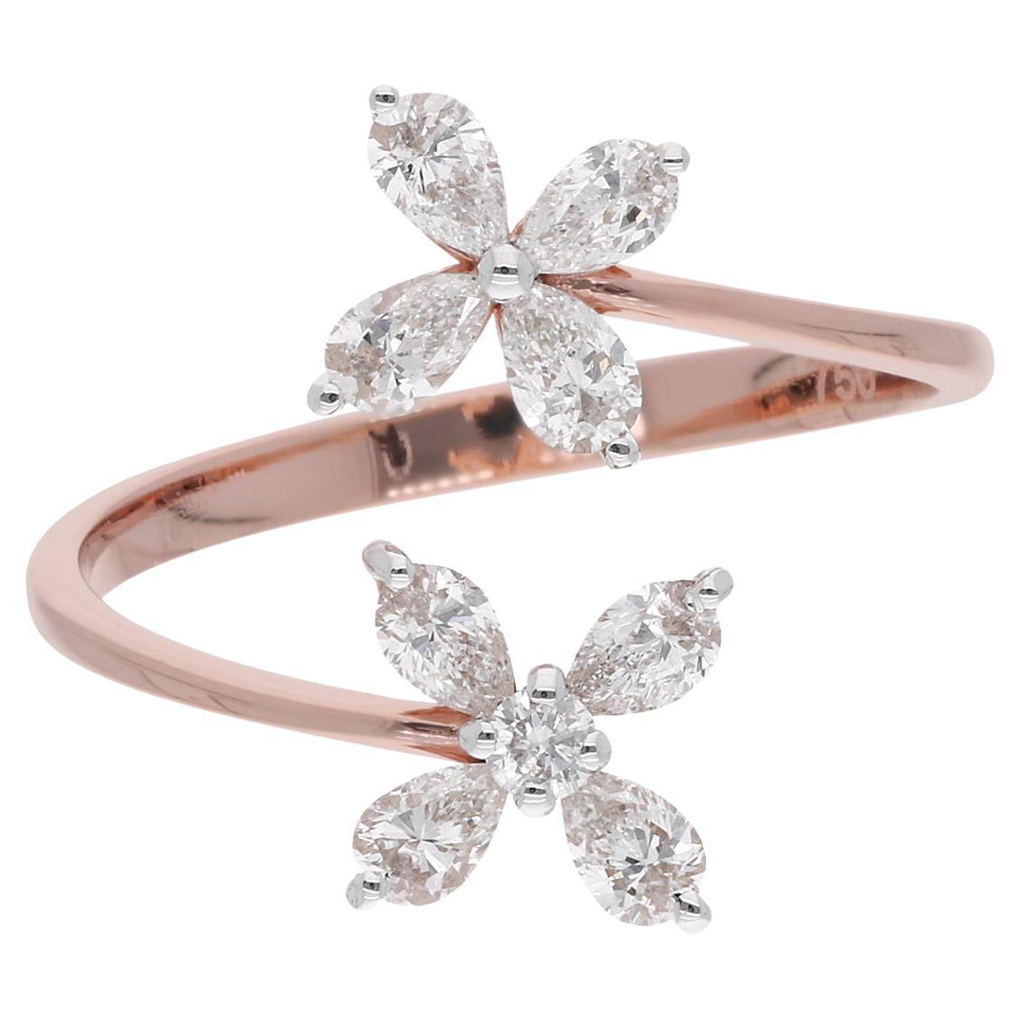 Real 0.74 Carat Pear Round Diamond Flower Wrap Ring 18 Karat Rose Gold Jewelry