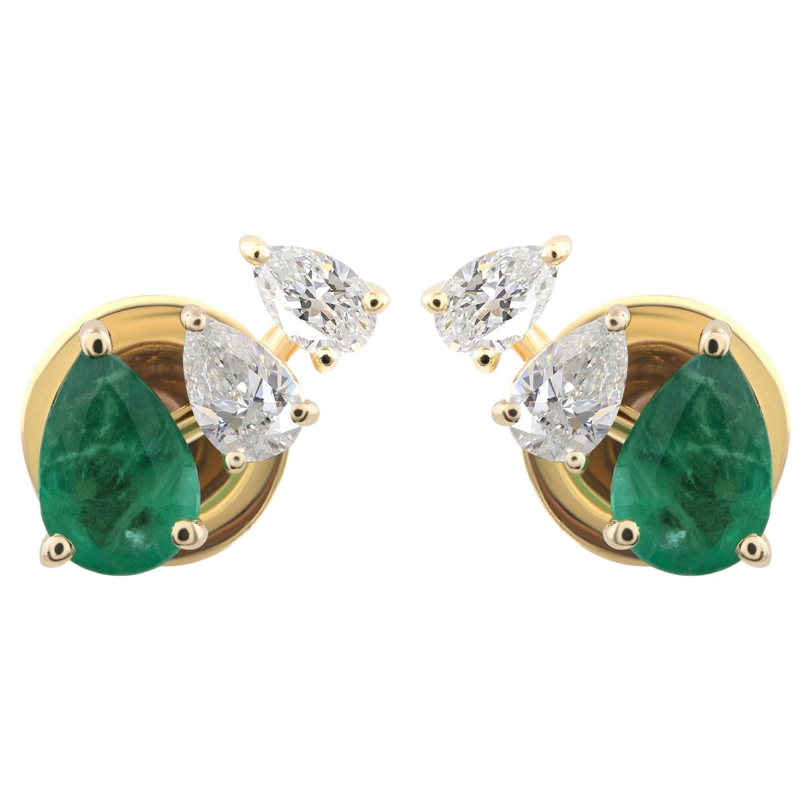 Real 0.74 Carat Zambian Emerald 0.36 Carat Diamond Earrings 9 Karat Yellow Gold