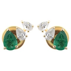 Real 0.74 Carat Zambian Emerald 0.36 Carat Diamond Earrings 9 Karat Yellow Gold