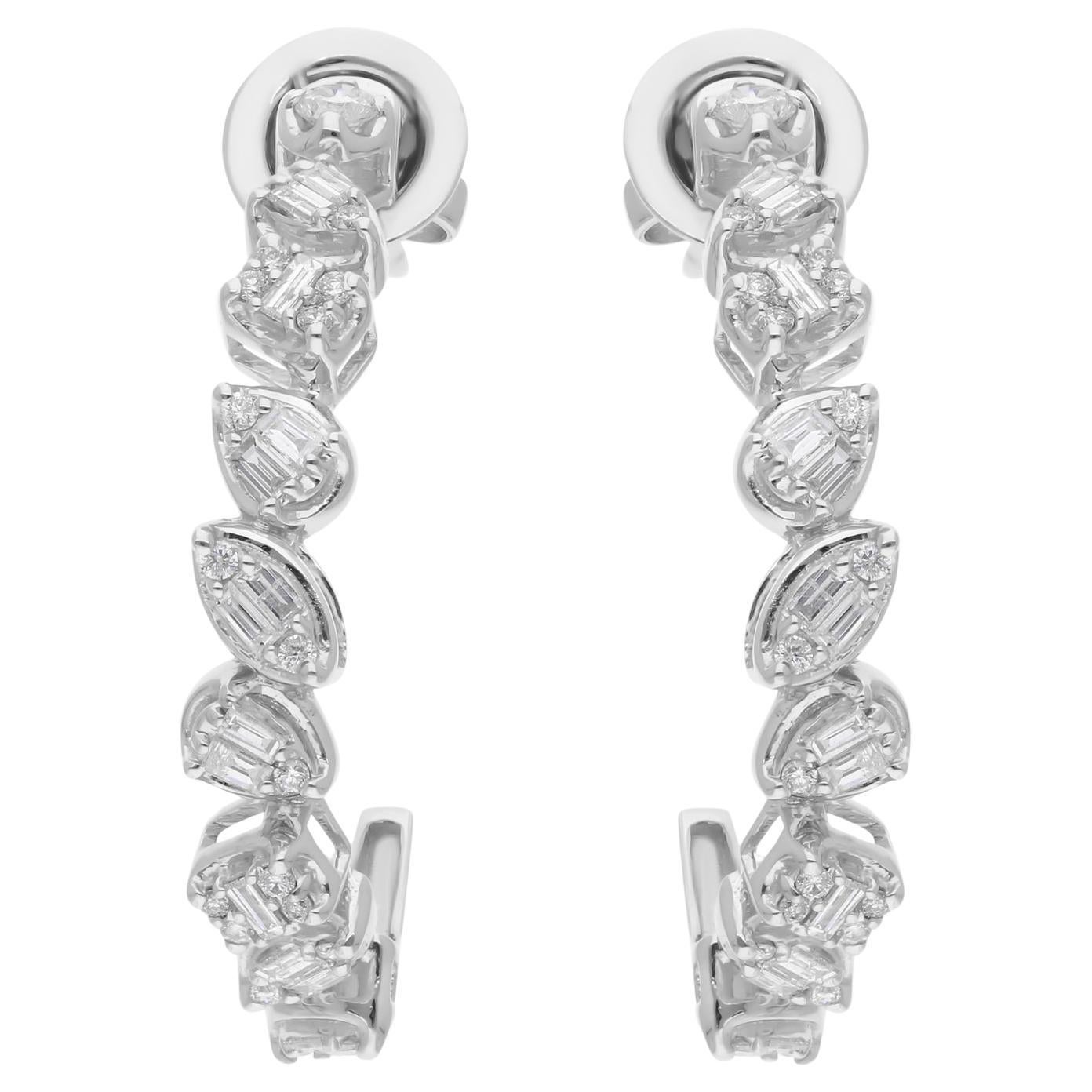 Créoles en or blanc 14 carats avec diamants baguettes de 0,76 carat SI/H