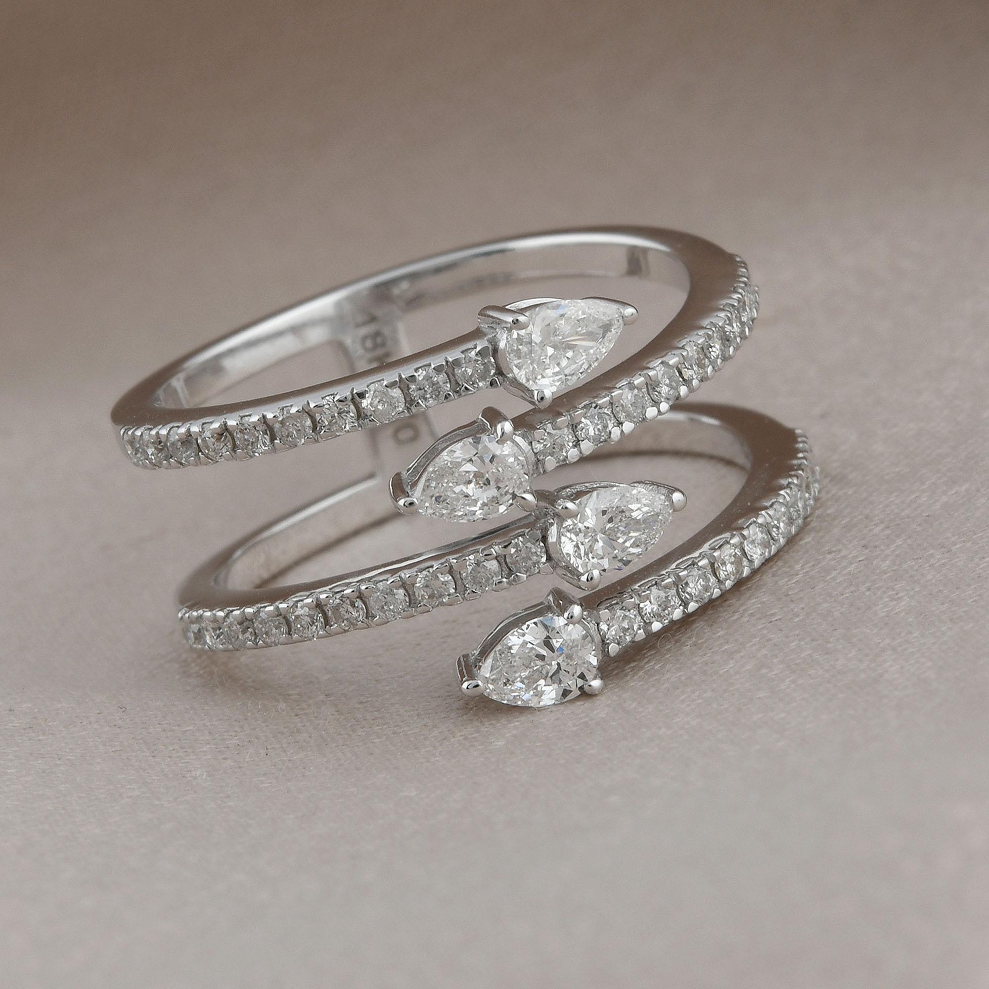 Pear Cut Real 0.77 Carat SI Clarity HI Color Diamond Cuff Band Ring 14 Karat White Gold For Sale