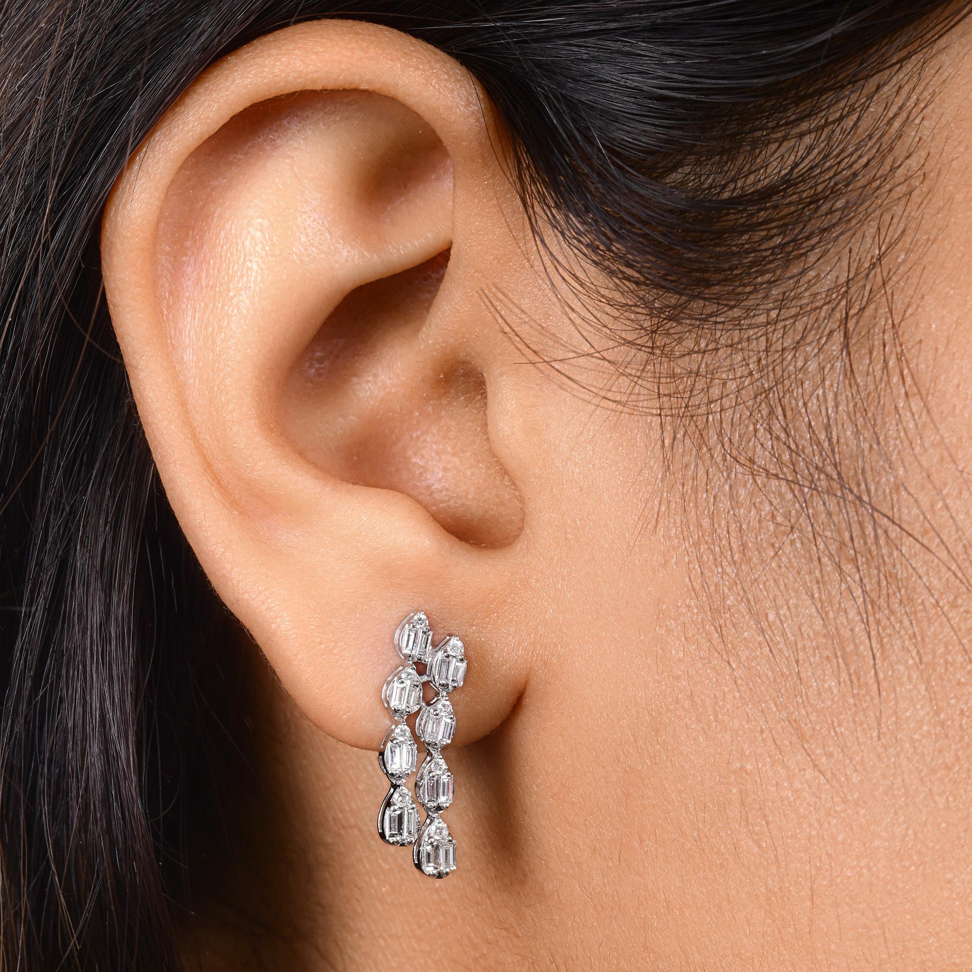 Baguette Cut Real 0.77 Carat SI/H Baguette Round Diamond Earrings 18 Karat White Gold Jewelry For Sale
