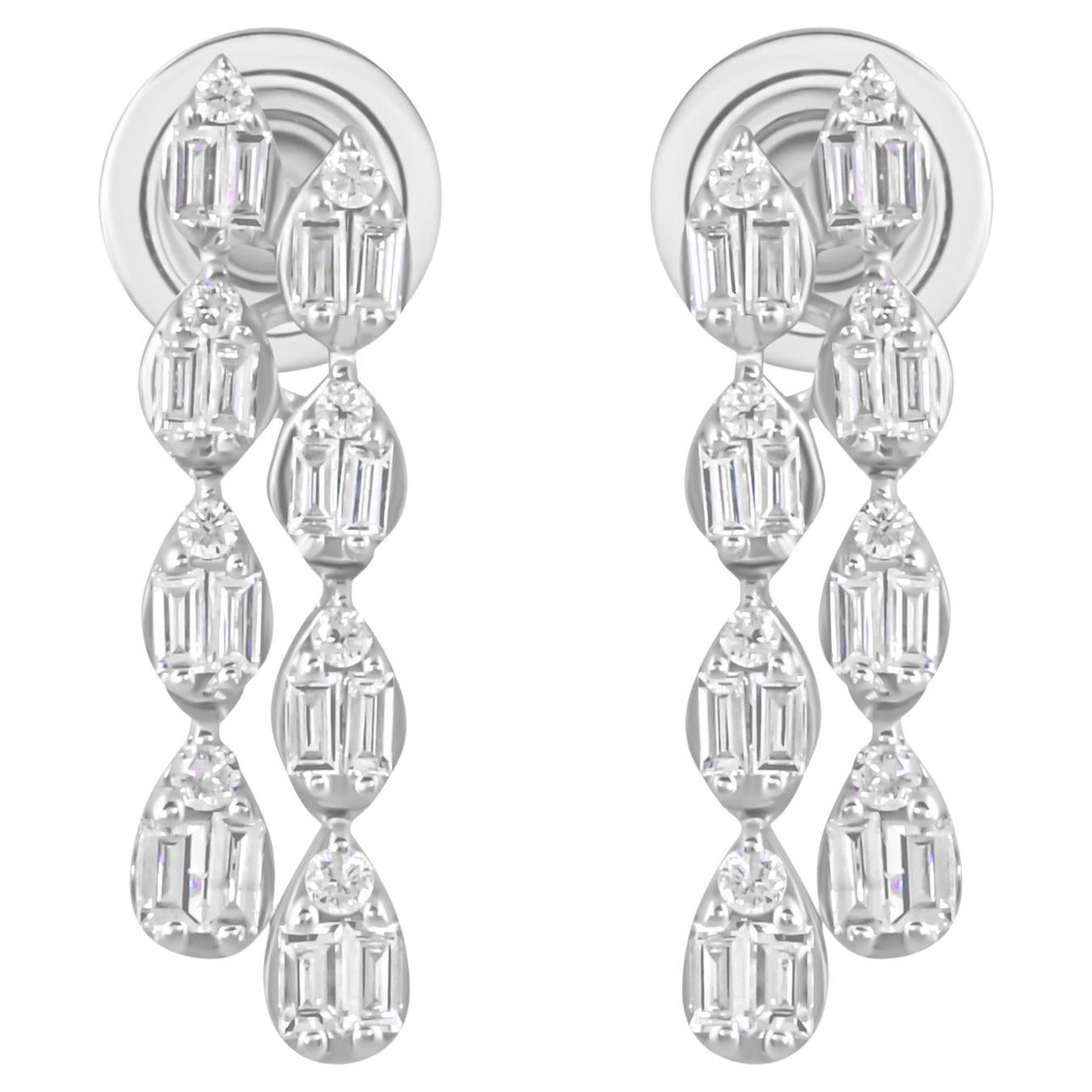 Real 0.77 Carat SI/H Baguette Round Diamond Earrings 18 Karat White Gold Jewelry For Sale