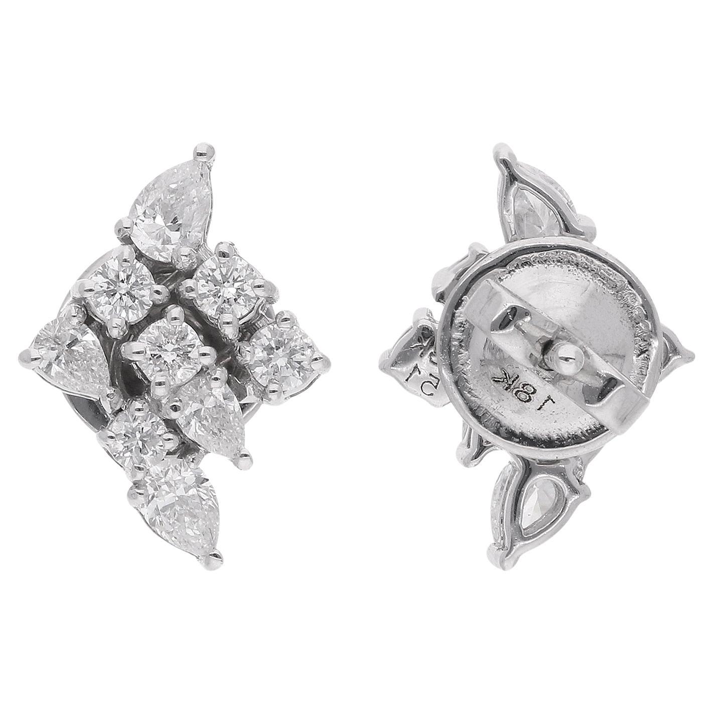 Real 0.78 Carat Pear & Round Diamond Stud Earrings 10 Karat White Gold Jewelry
