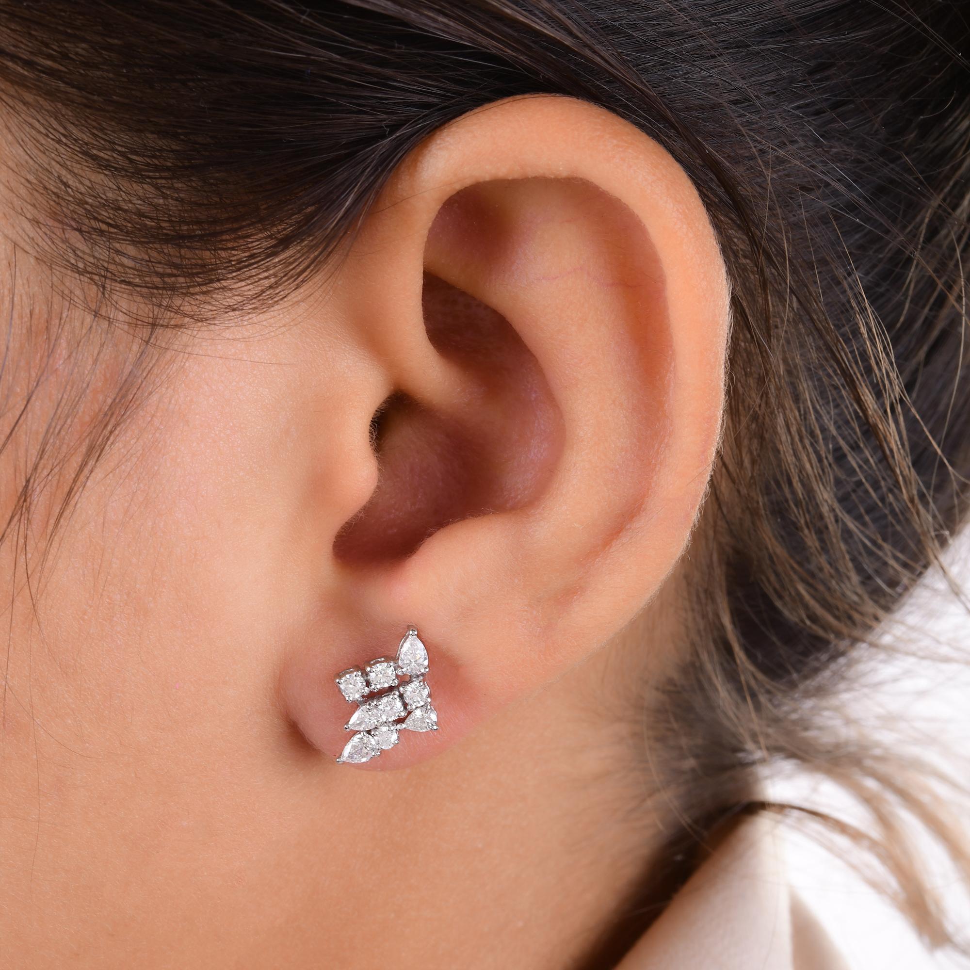 Women's Real 0.78 Carat Pear & Round Diamond Stud Earrings 18 Karat White Gold Jewelry For Sale