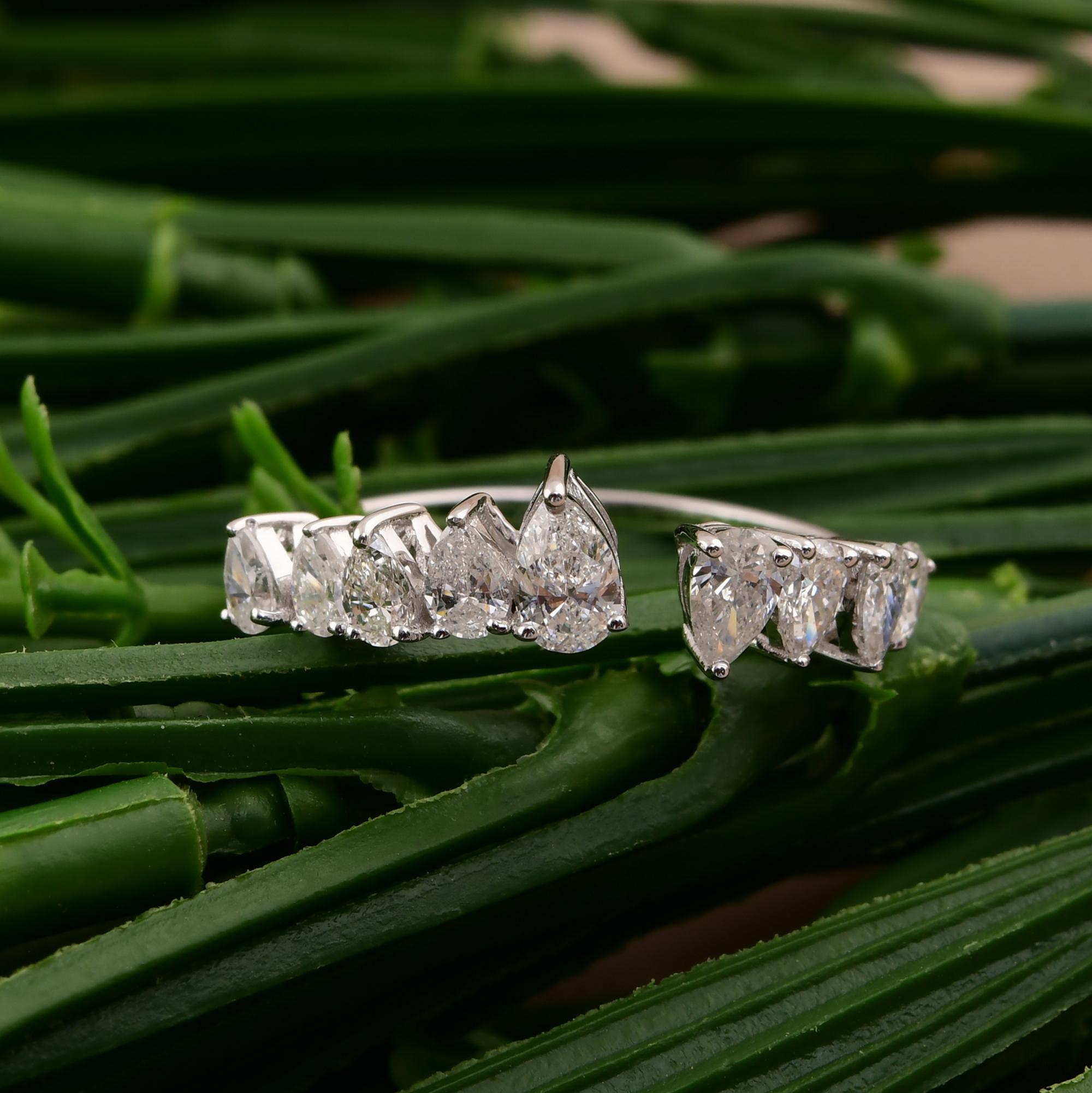 Modern Real 0.82 Carat SI Clarity HI Color Pear Diamond Cuff Ring 18 Karat White Gold For Sale