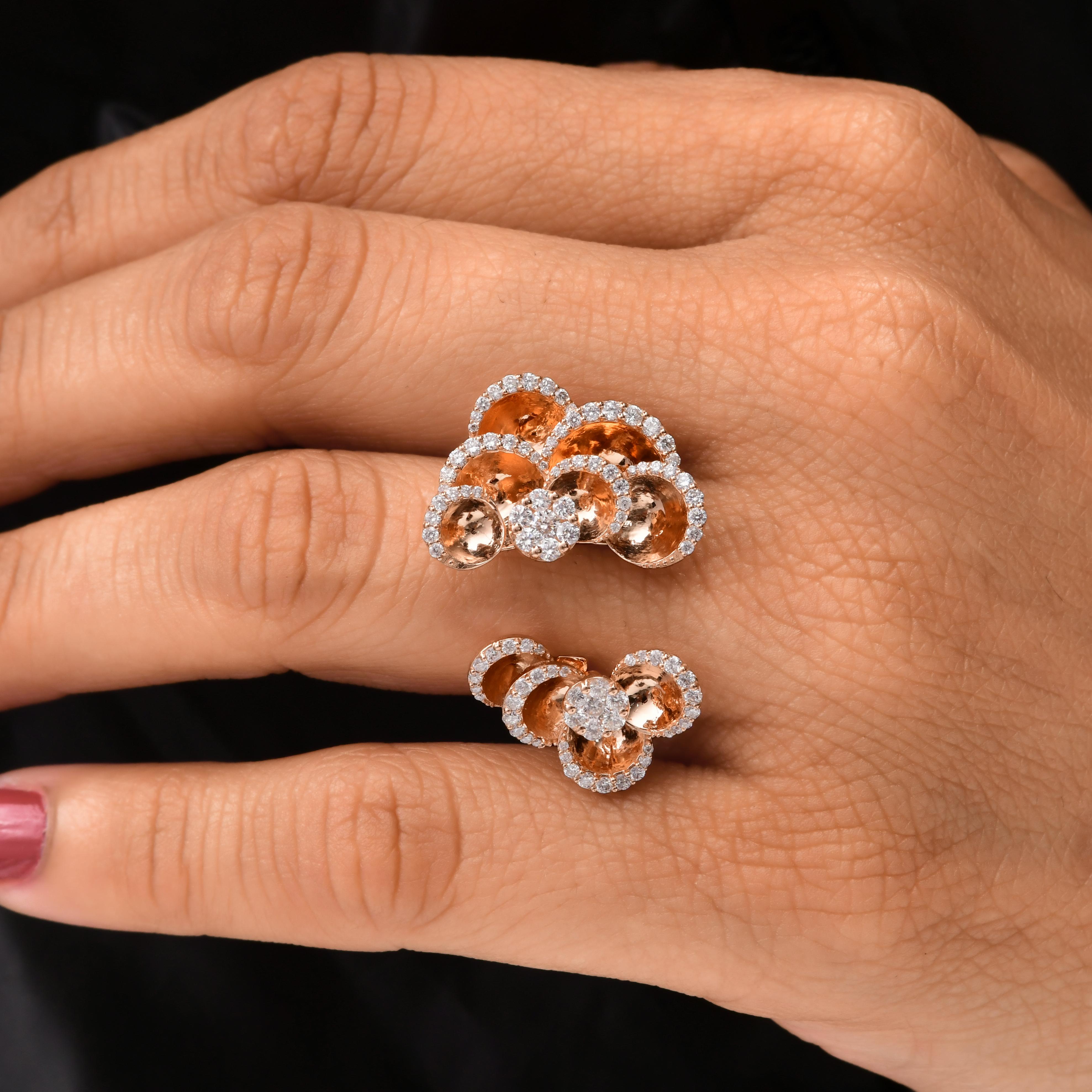 Modern Real 0.84 Carat SI Clarity HI Color Diamond Cuff Flower Ring 18 Karat Rose Gold For Sale