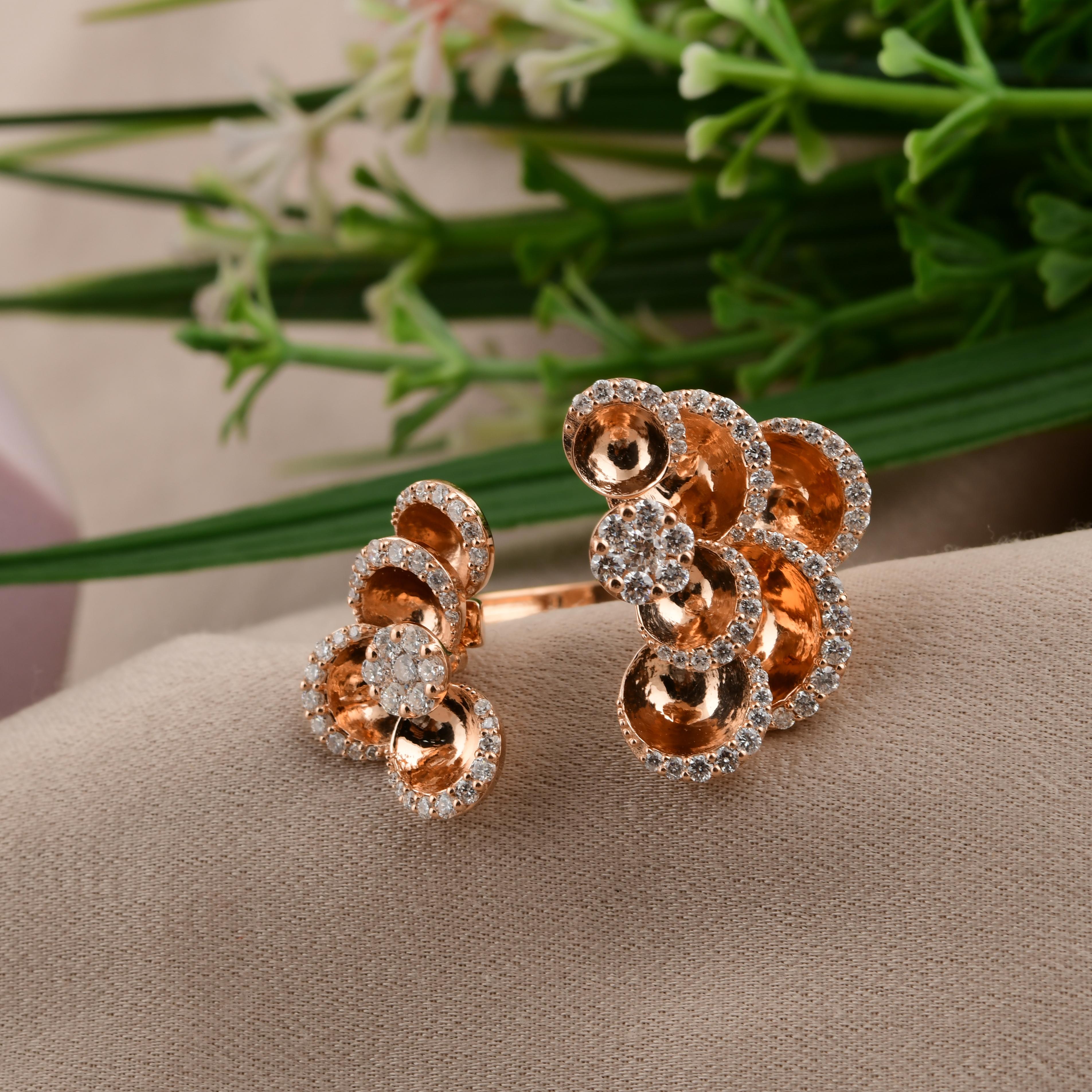 Real 0.84 Carat SI Clarity HI Color Diamond Cuff Flower Ring 18 Karat Rose Gold For Sale 1