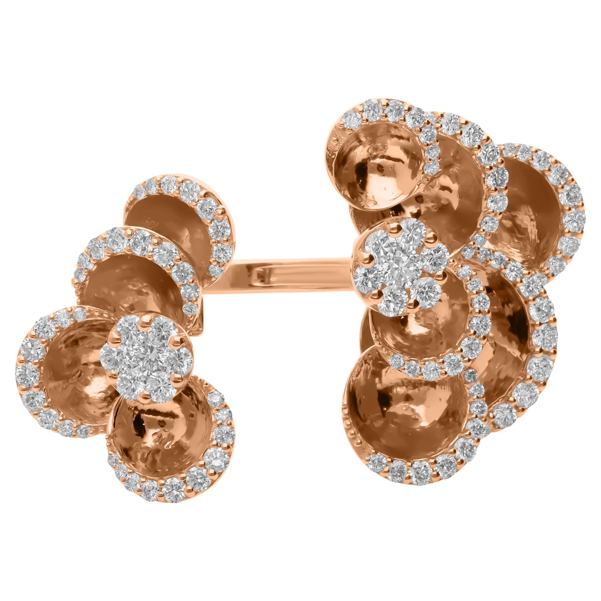 Real 0.84 Carat SI Clarity HI Color Diamond Cuff Flower Ring 18 Karat Rose Gold For Sale