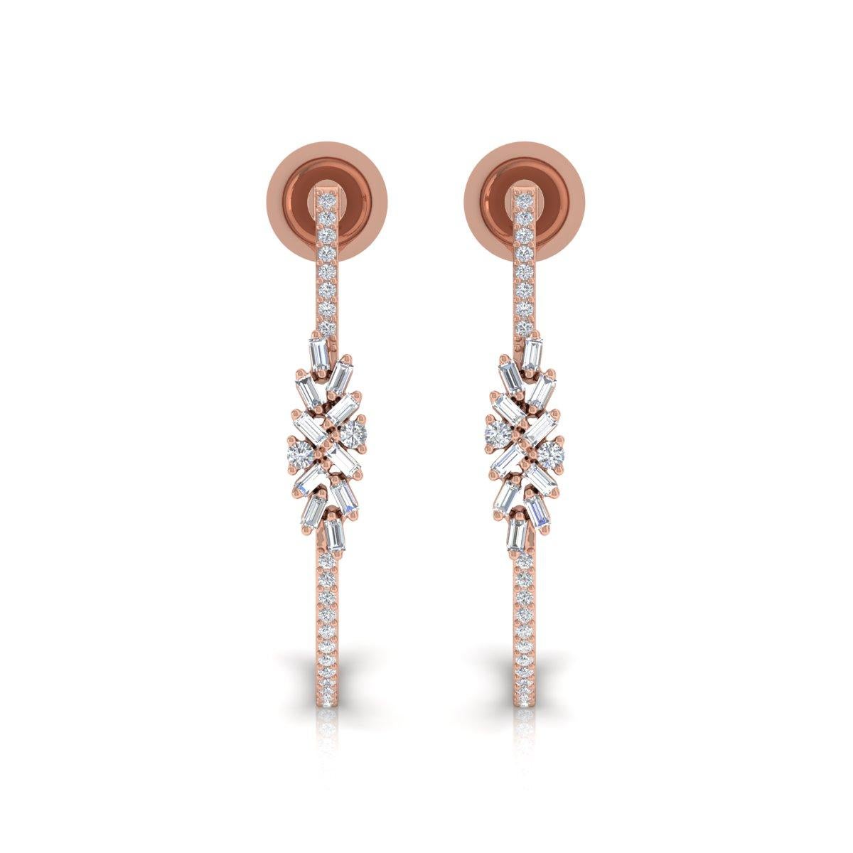 Pendientes de diamantes talla brillante redonda baguette SI/H reales de 0,84 quilates y oro rosa de 18k Moderno en venta