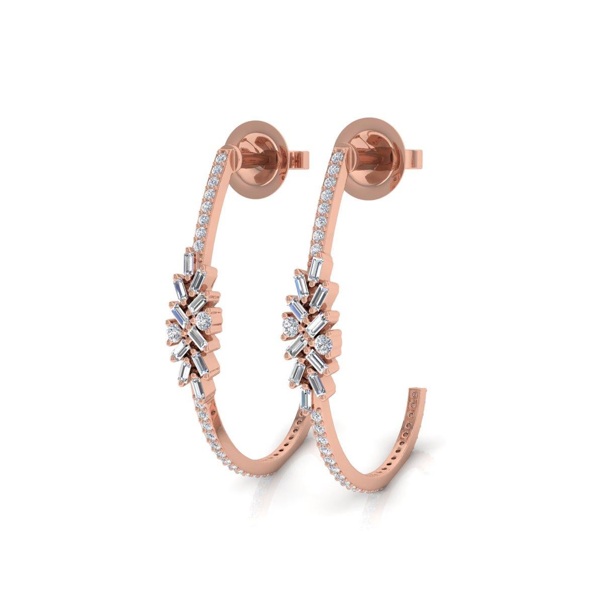 Pendientes de diamantes talla brillante redonda baguette SI/H reales de 0,84 quilates y oro rosa de 18k en Nuevo estado para la venta en Diera, Dubai