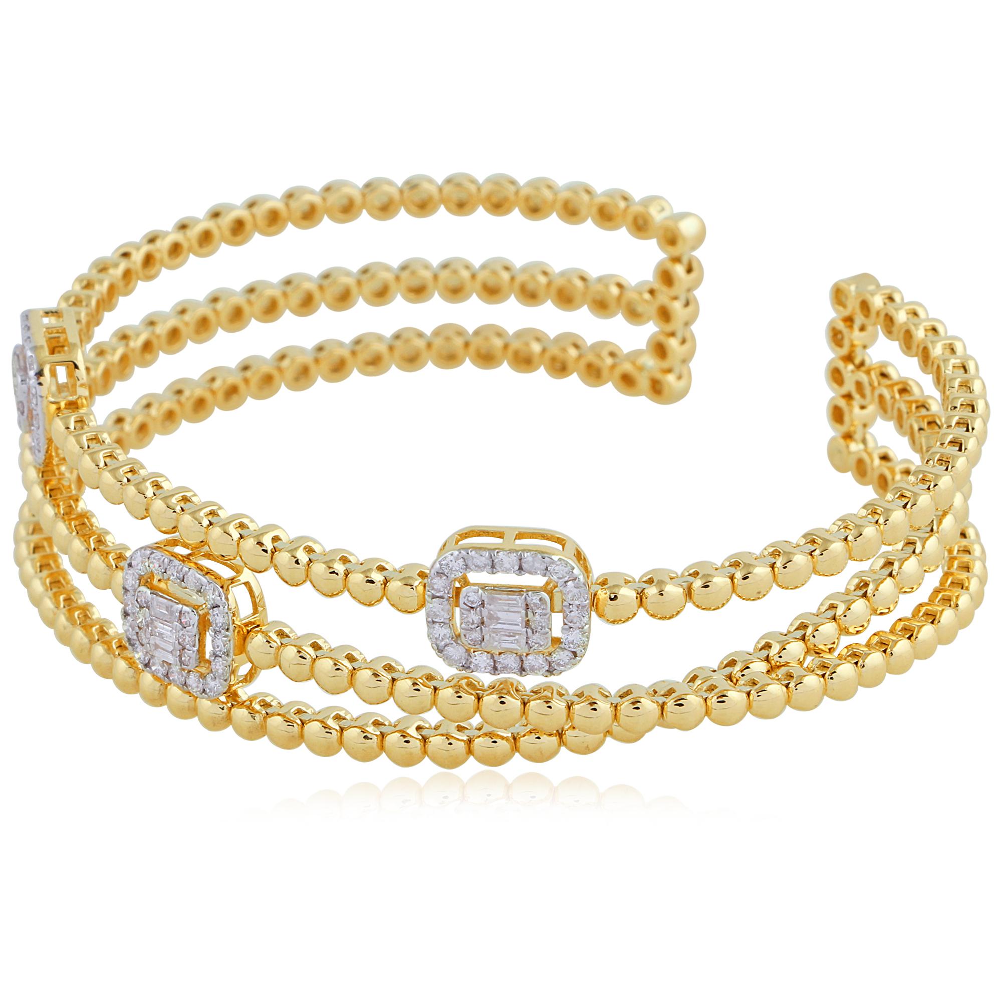 Modern Real 0.85 Carat SI/H Baguette Diamond 14k Yellow Gold Beaded Wide Cuff Bracelet For Sale