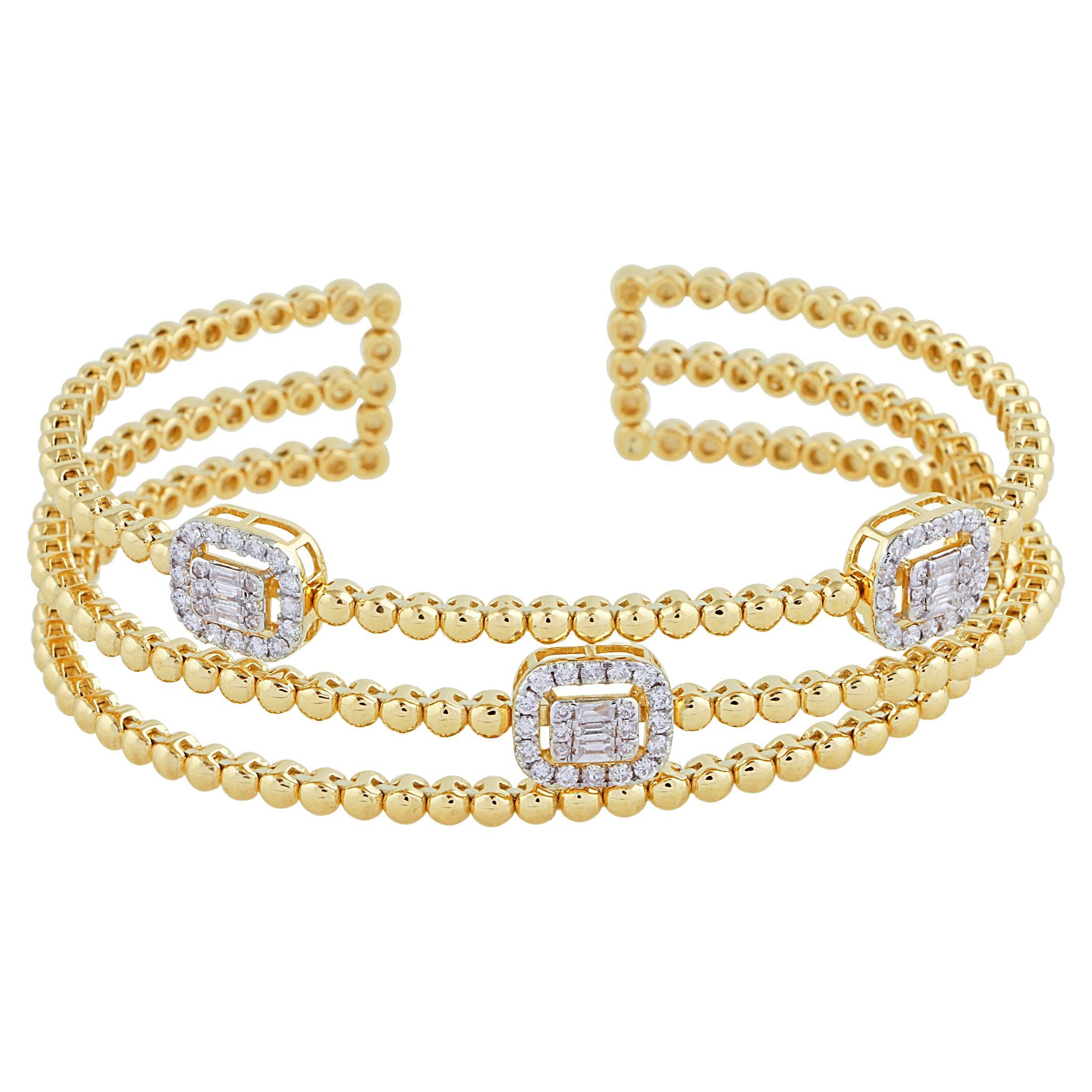 Real 0.85 Carat SI/H Baguette Diamond 14k Yellow Gold Beaded Wide Cuff Bracelet For Sale