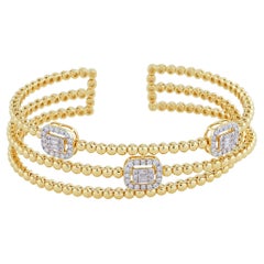 Real 0.85 Carat SI/H Baguette Diamond 18k Yellow Gold Beaded Wide Cuff Bracelet