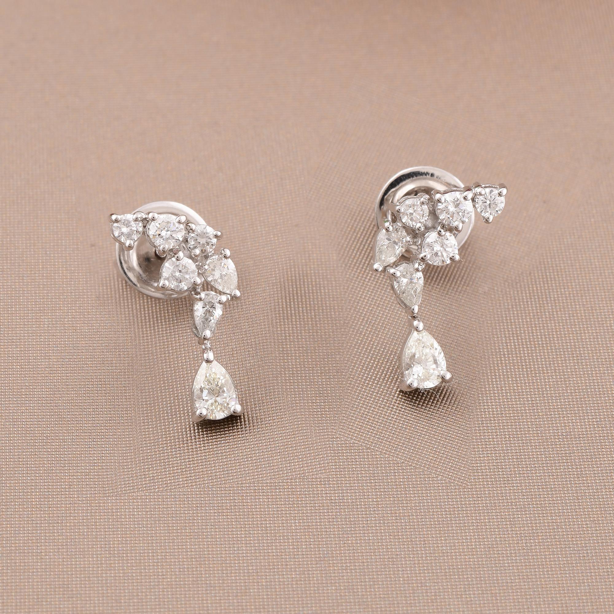 Pear Cut Real 0.86 Carat Pear & Round Diamond Dangle Earrings 14 Karat White Gold Jewelry For Sale