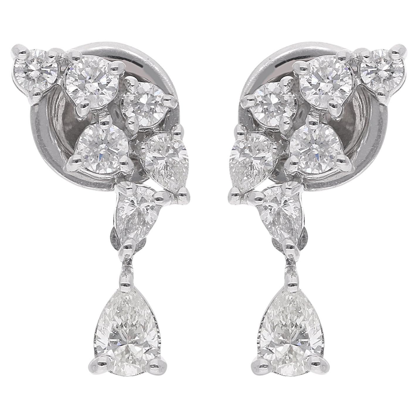Real 0.86 Carat Pear & Round Diamond Dangle Earrings 18 Karat White Gold Jewelry