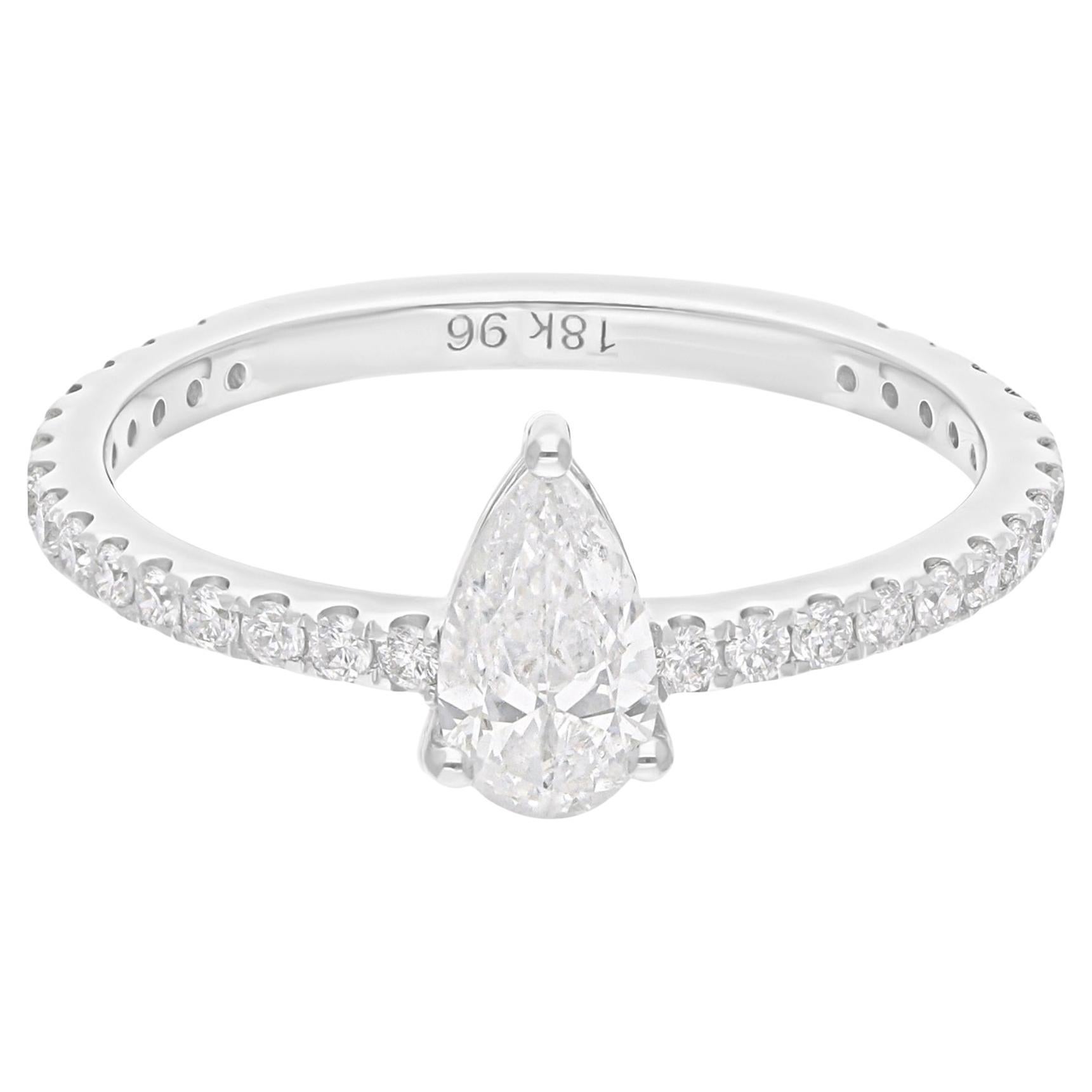 Real 0.87 Carat SI/H Pear Round Brilliant Cut Diamond Ring 18 Karat White Gold For Sale