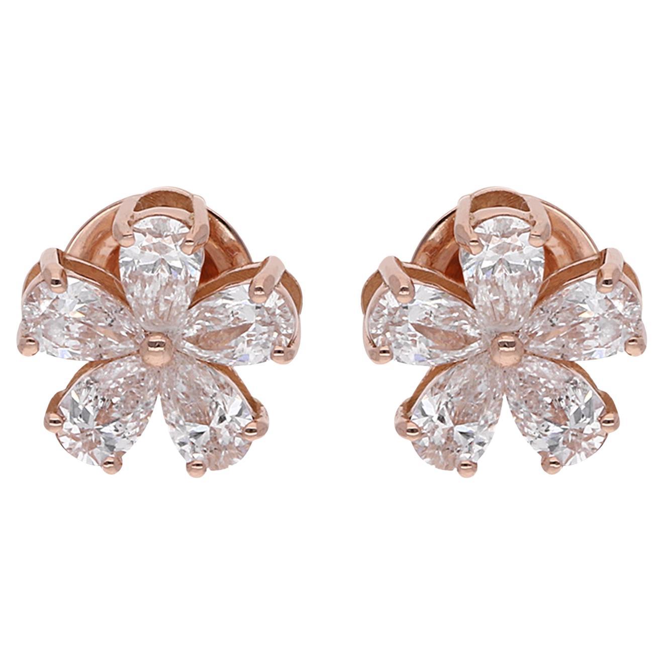 Real 0.88 Carat SI/HI Pear Shape Diamond Flower Stud Earrings 18 Karat Rose Gold For Sale