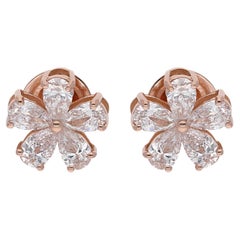 Real 0.88 Carat SI/HI Pear Shape Diamond Flower Stud Earrings 18 Karat Rose Gold