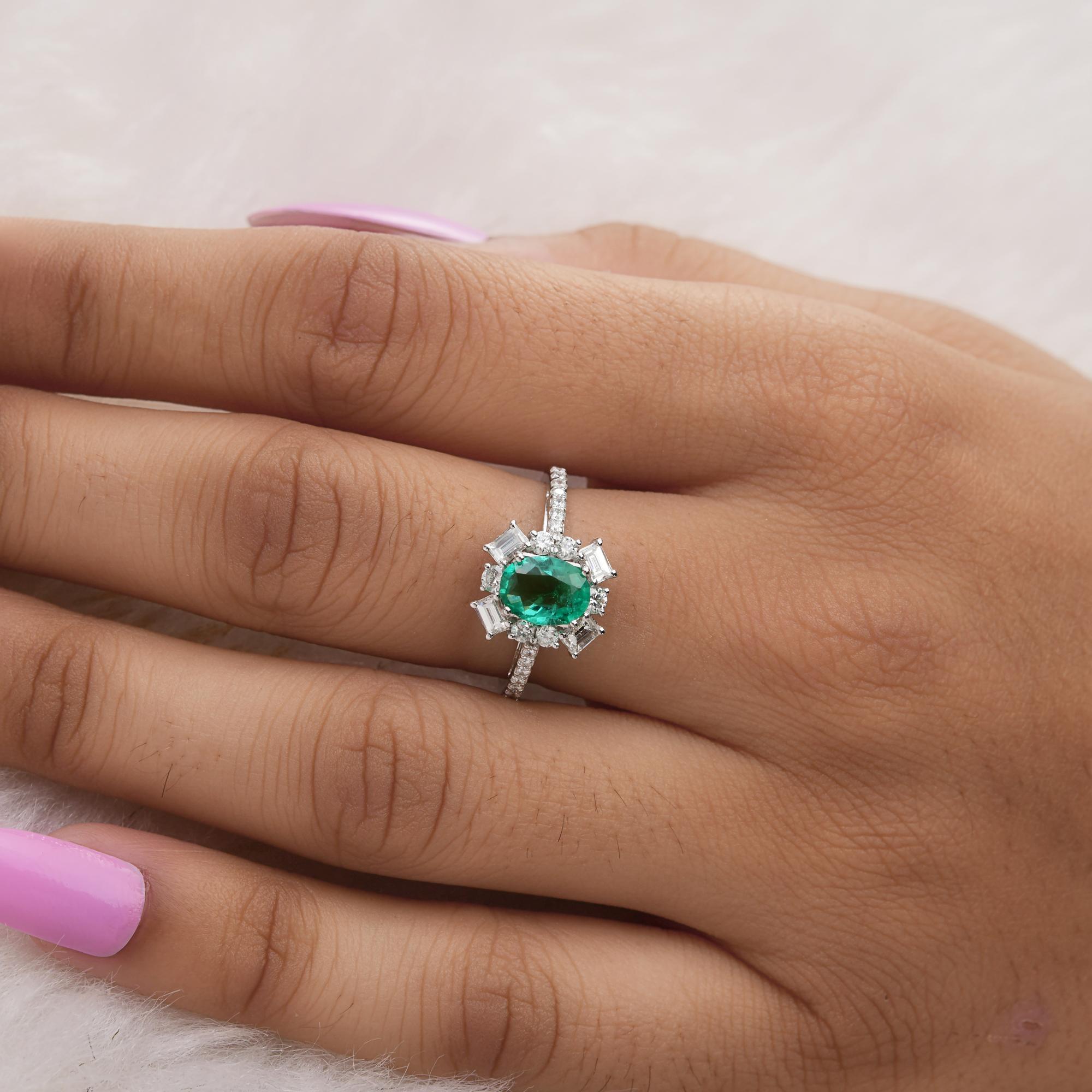 Echter 0,90 Karat ovaler sambischer Smaragd 0,68 Karat SI/H Diamant 18 Karat Weißgold (Ovalschliff) im Angebot