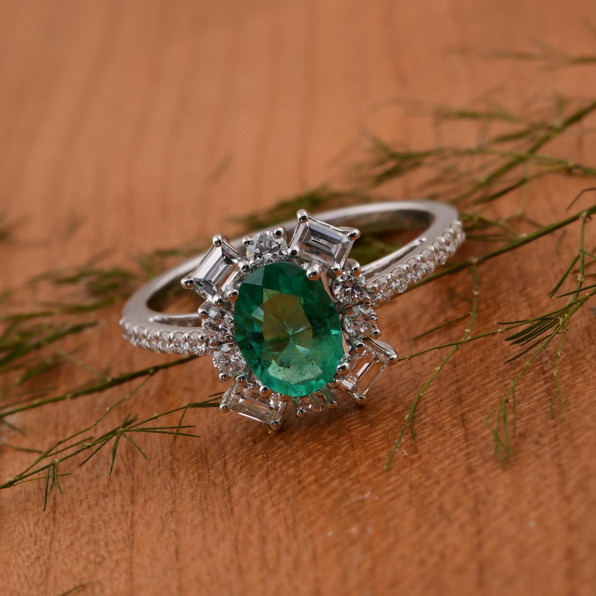 Echter 0,90 Karat ovaler sambischer Smaragd 0,68 Karat SI/H Diamant 18 Karat Weißgold Damen im Angebot