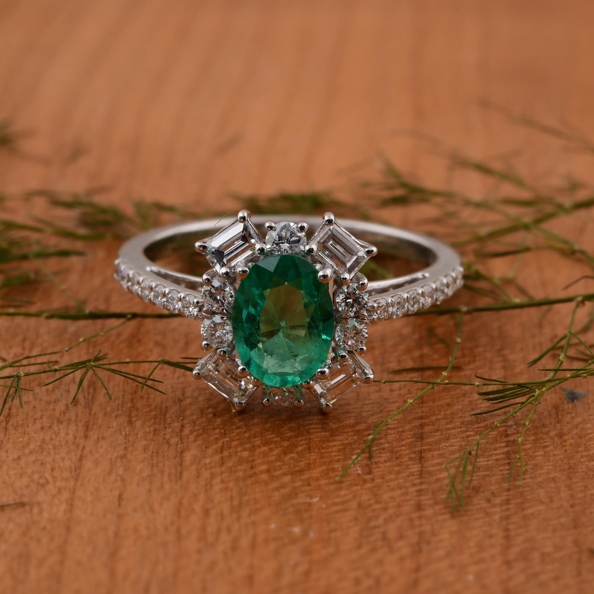 Echter 0,90 Karat ovaler sambischer Smaragd 0,68 Karat SI/H Diamant 18 Karat Weißgold im Angebot 1