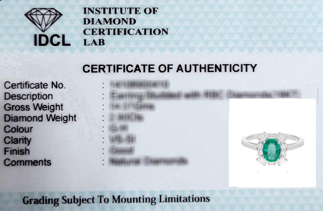 Echter 0,90 Karat ovaler sambischer Smaragd 0,68 Karat SI/H Diamant 18 Karat Weißgold im Angebot 2