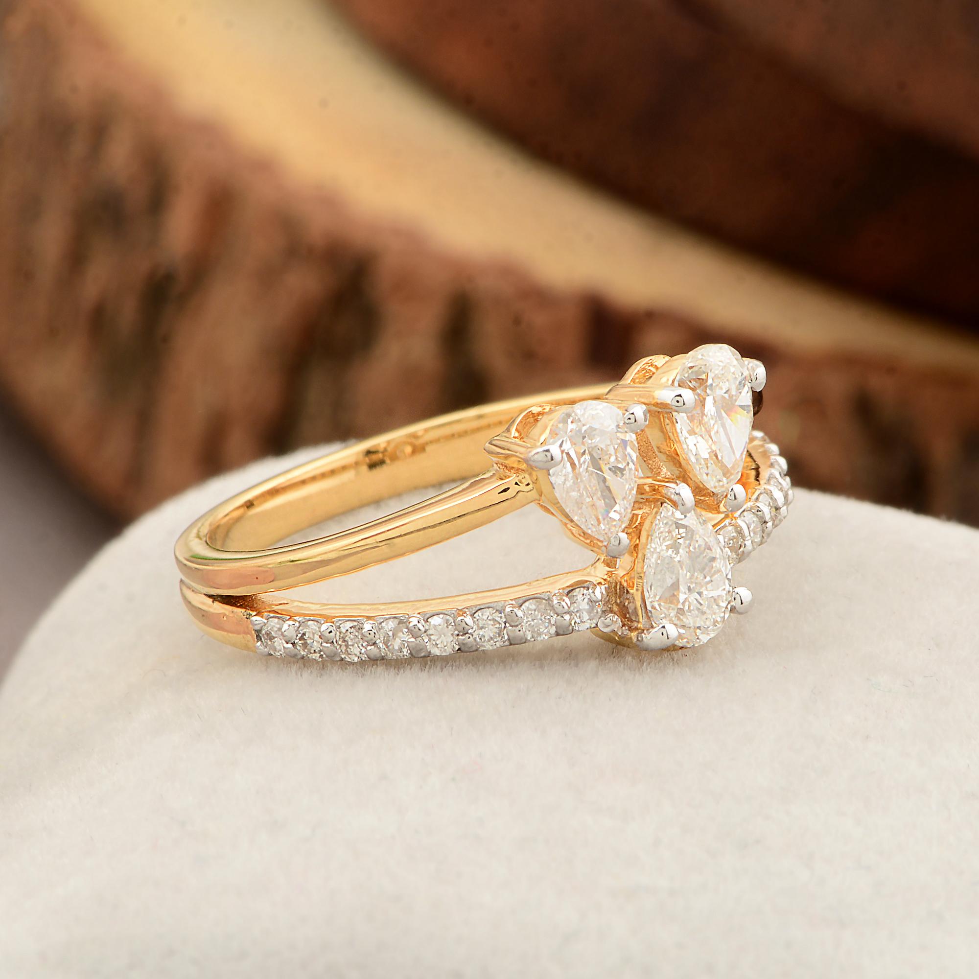 Pear Cut Real 0.90 Carat Pear Diamond Wedding Ring Solid 18k Yellow Gold Handmade Jewelry