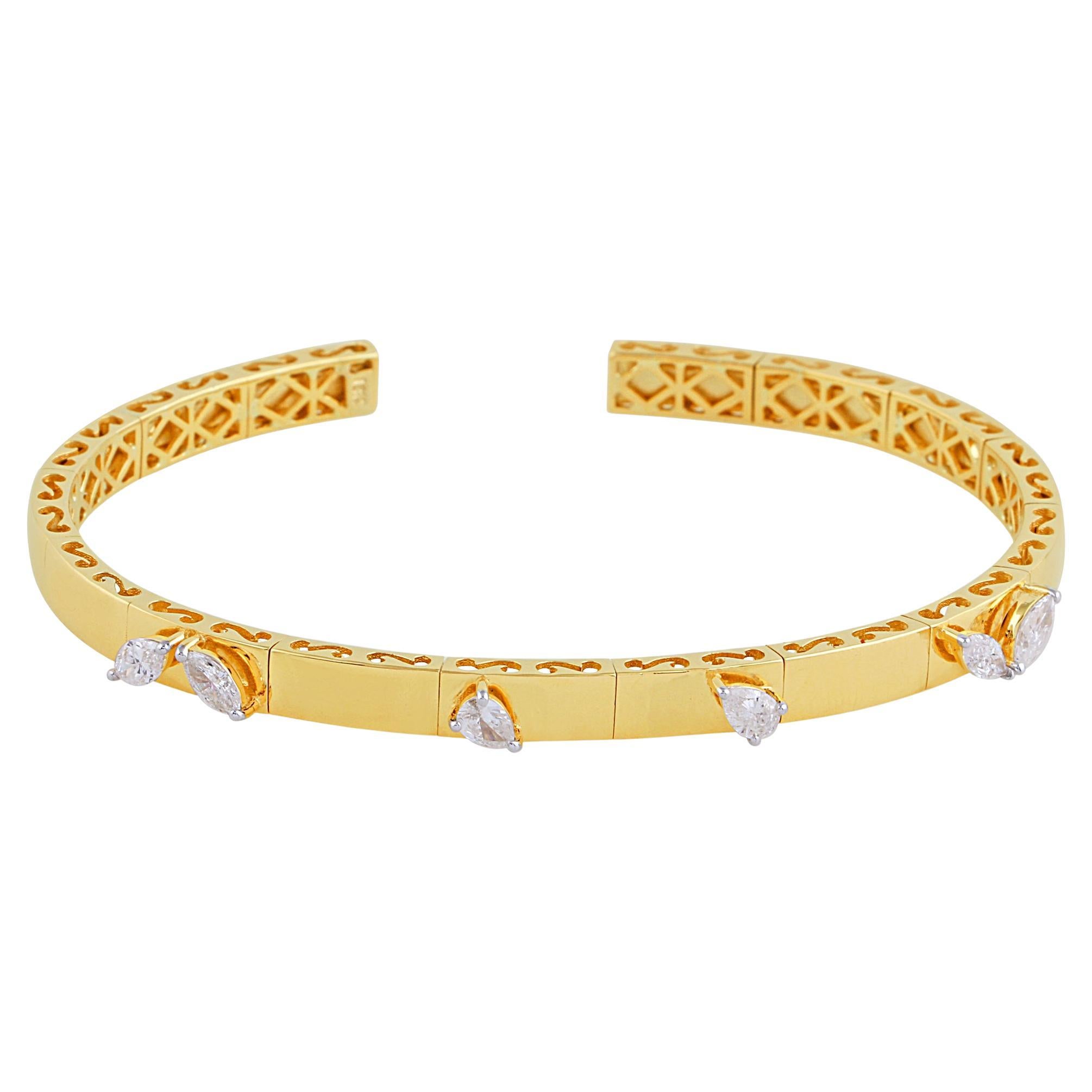 Real 0.90 Carat SI/HI Marquise Pear Diamond Cuff Bangle Bracelet 18k Yellow Gold