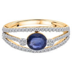 Real 0.91 Carat Blue Sapphire 0.18 Carat SI/H Diamond Ring 14 Karat Yellow Gold