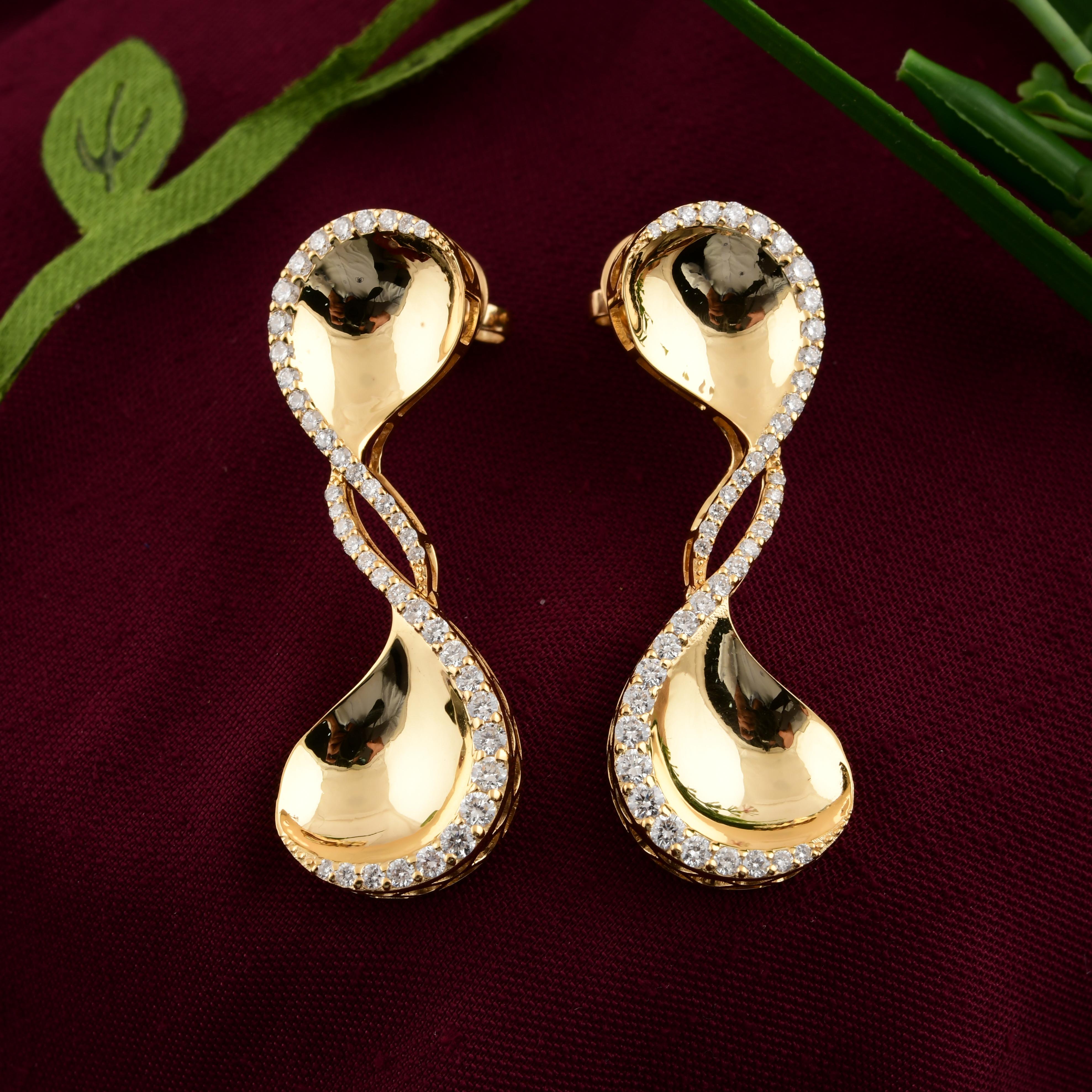 Round Cut Real 0.91 Carat SI Clarity HI Color Diamond Dangle Earrings 14 Karat Yellow Gold For Sale