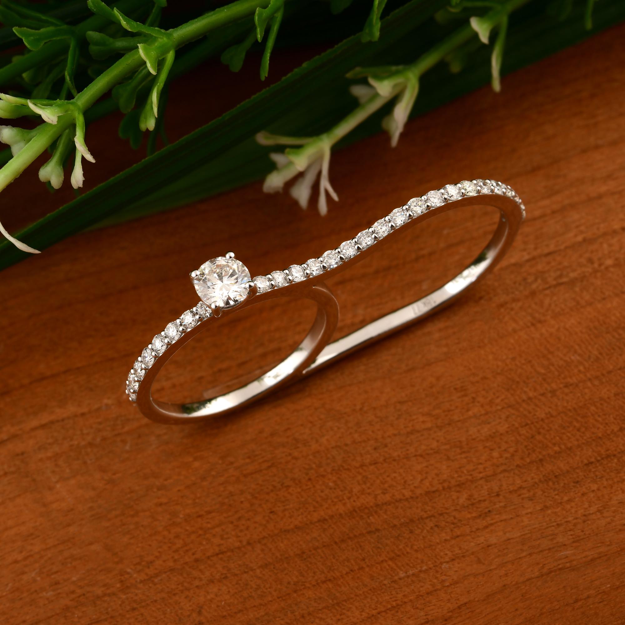 Women's Real 0.91 Carat SI/H Round Brilliant Cut Diamond Double Band Ring 14k White Gold For Sale