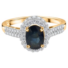 Real 0.92 Carat Blue Sapphire 0.39 Carat SI/H Diamond Ring 14 Karat Yellow Gold