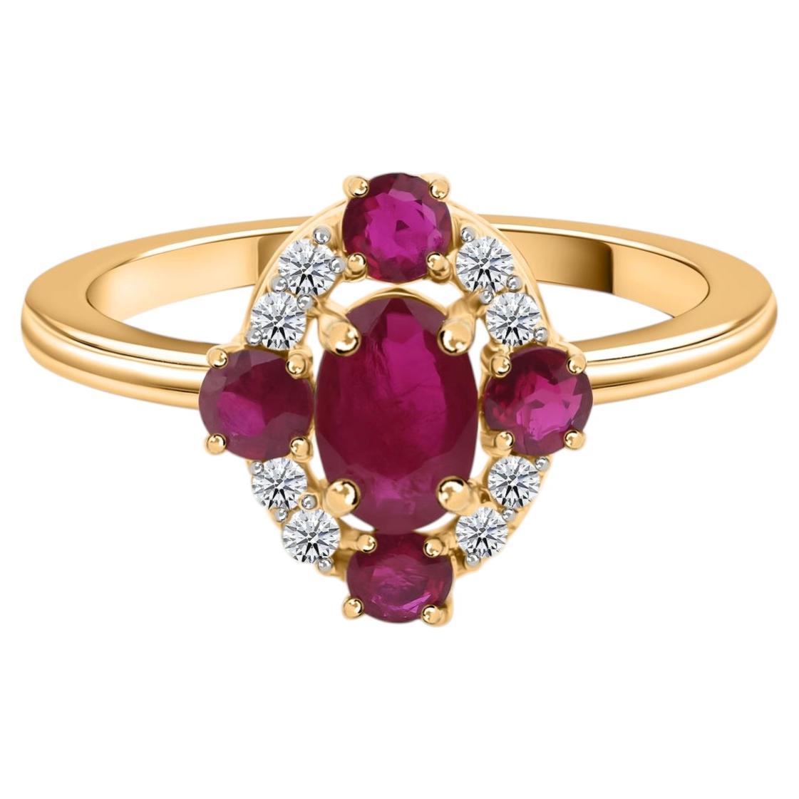 Real 0.92 Carat Ruby Gemstone 0.11 Carat SI/H Diamond Ring 14 Karat Yellow Gold